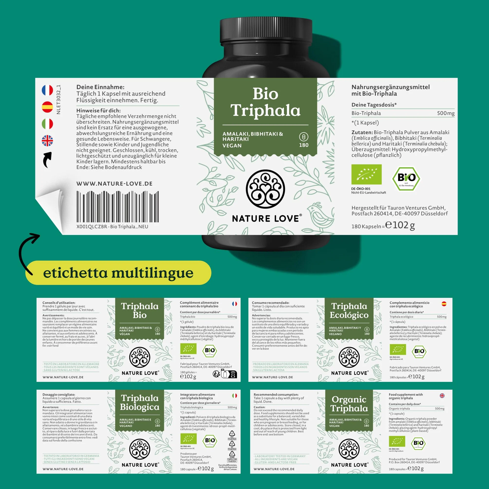 NATURE LOVE® Triphala Organic - Alto Dosaggio con 500 mg per Capsula - 180 Capsule - Materia Prima di Qualità dall'India - Testata in Laboratorio e Certificata Biologica, Prodotta in Germania