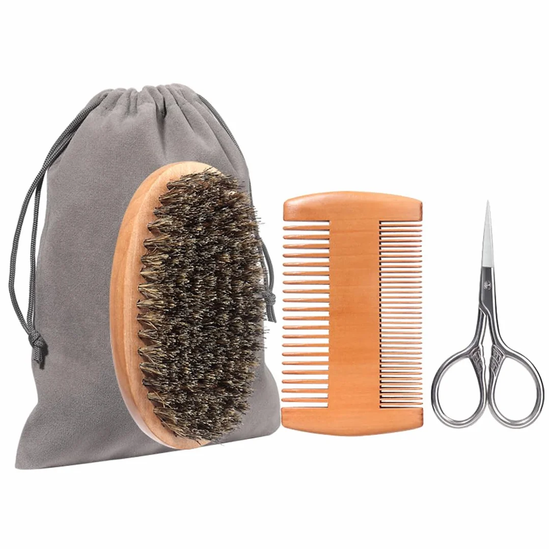 Set di Accessori per Barba 4 Pezzi: Spazzola Barba, Pettine Legno Massiccio, Forbici e Sacchetto