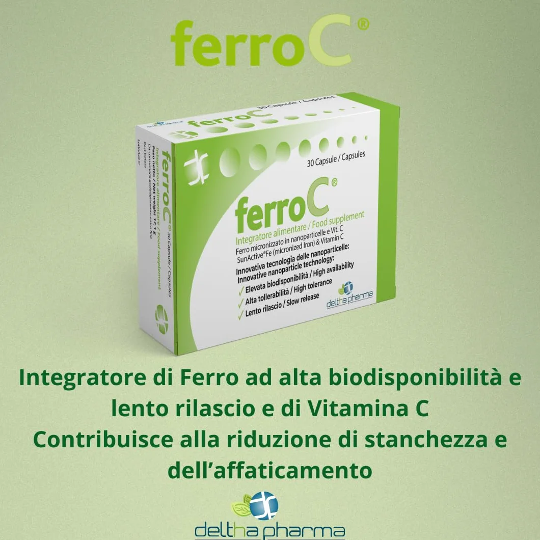 Ferro 30mg e VitaminaC 30 Caps vegetali Ferro Forte lento rilascio, Pirofosfato Micronizzato Superdisperso, Alta Biodisponibilità e Tollerabilità, Buon Sapore - per Glubuli Rossi e Emoglobina