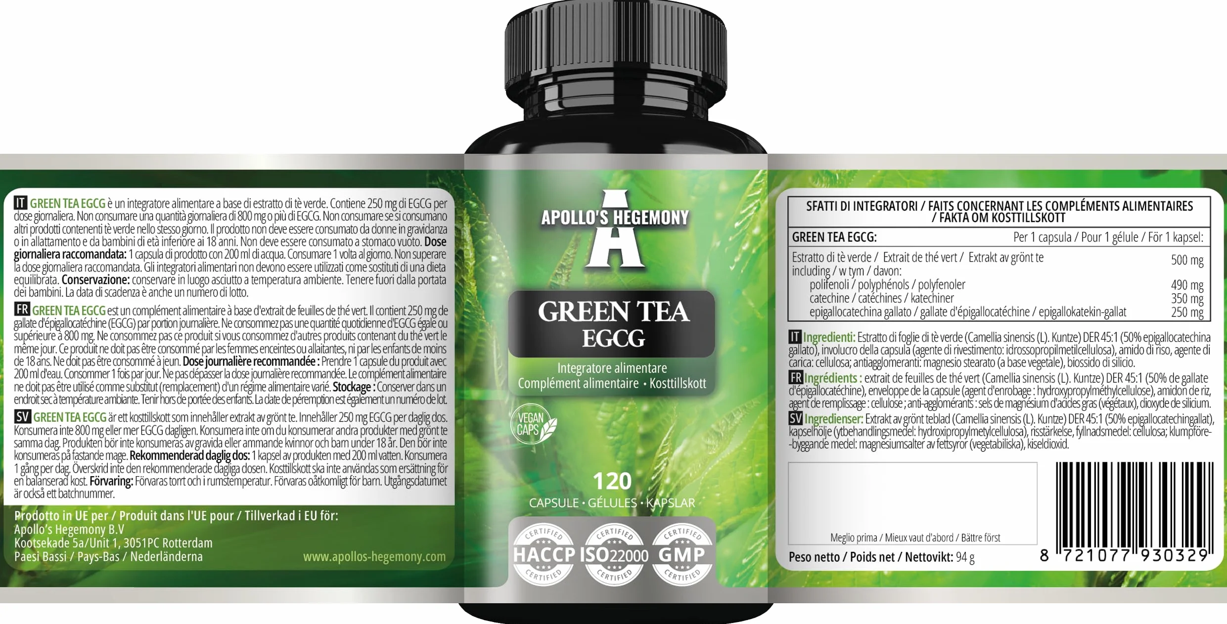 Estratto di tè verde 500 mg, contiene il 50% di EGCG e il 98% di polifenoli, 120 capsule vegane, 4 mesi di fornitura, bruciagrassi naturale, supporto antiossidante - da Apollo's Hegemony