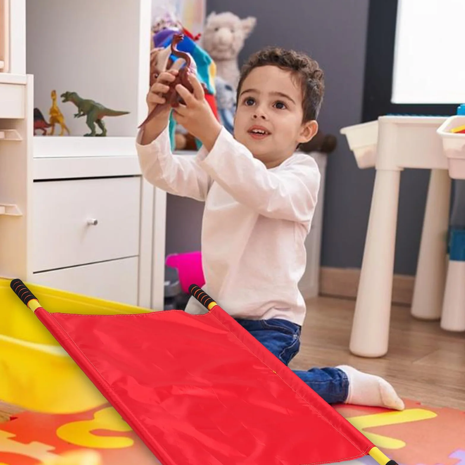 Barella Portatile Pieghevole Rossa in Metallo e Tessuto per Bambini, Gioco Sensoriale Educativo