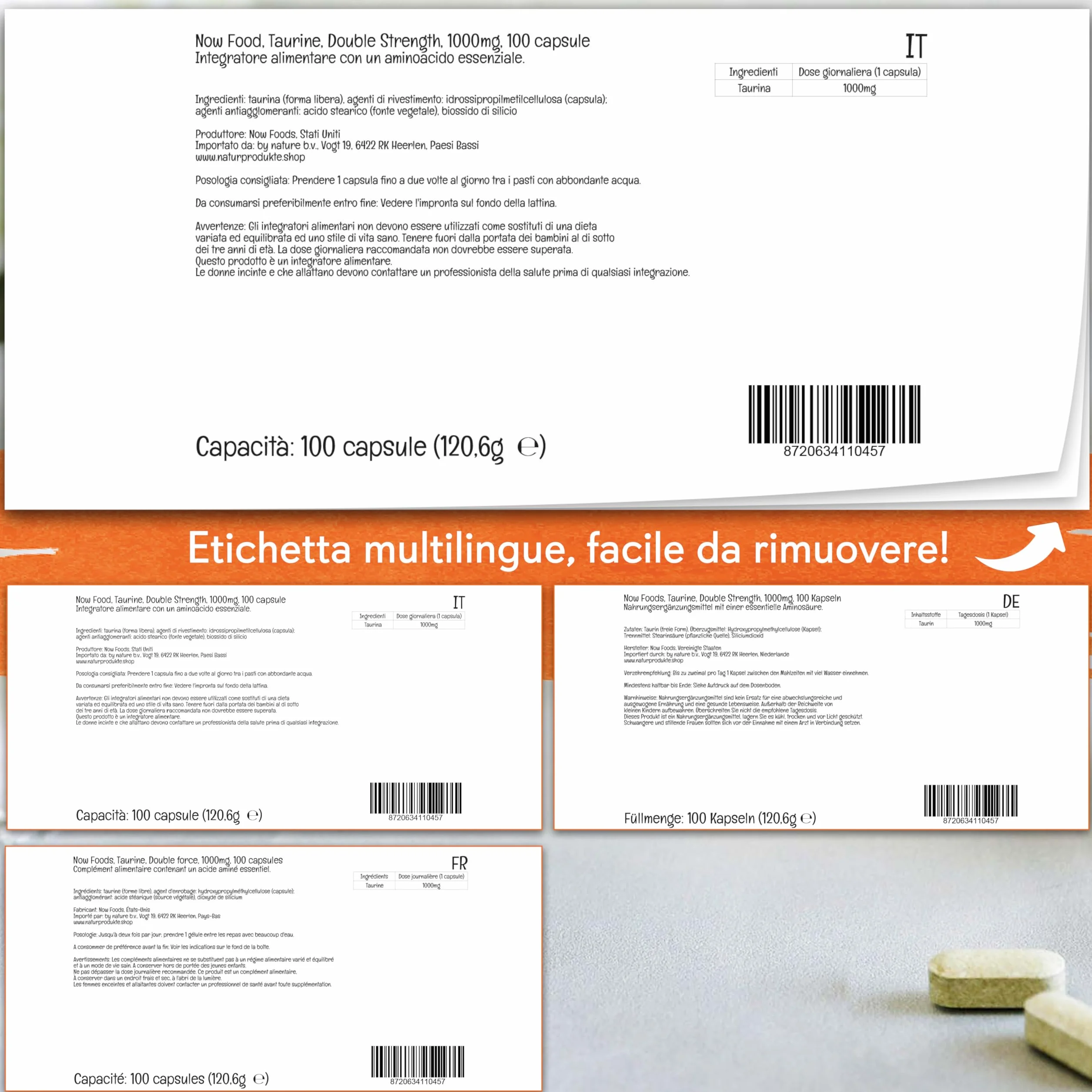 Now Foods Taurine Doppia Forza 1000mg 100 Capsule vegane Aminoacido