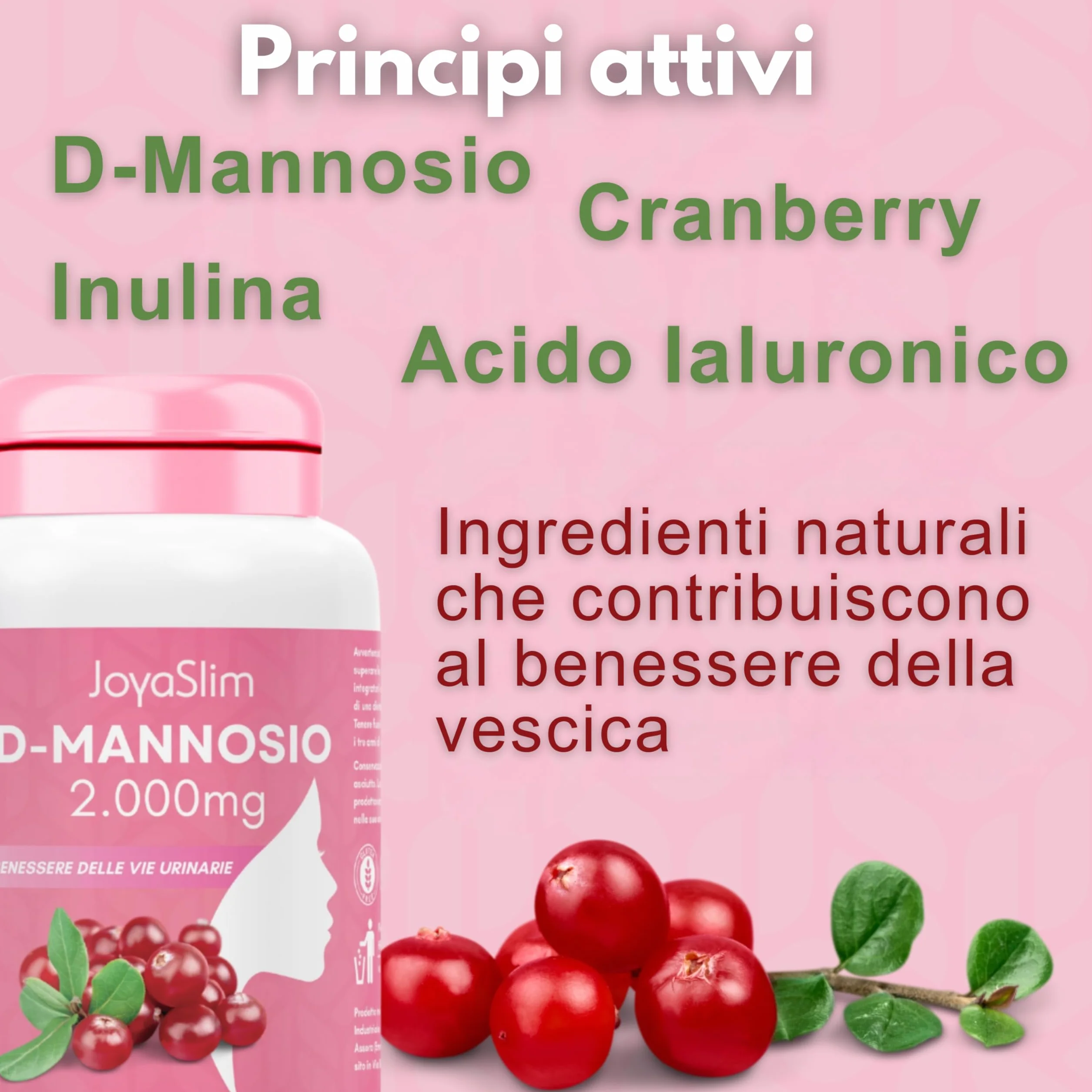 D Mannosio Puro 2000mg. JoyaSlim® Integratore Cistite e Candida. Con Acido Ialuronico, Mirtillo Rosso e Inulina. 200 Compresse (Fornitura 3 Mesi) Supporto Naturale Vie Urinarie Donna e Uomo
