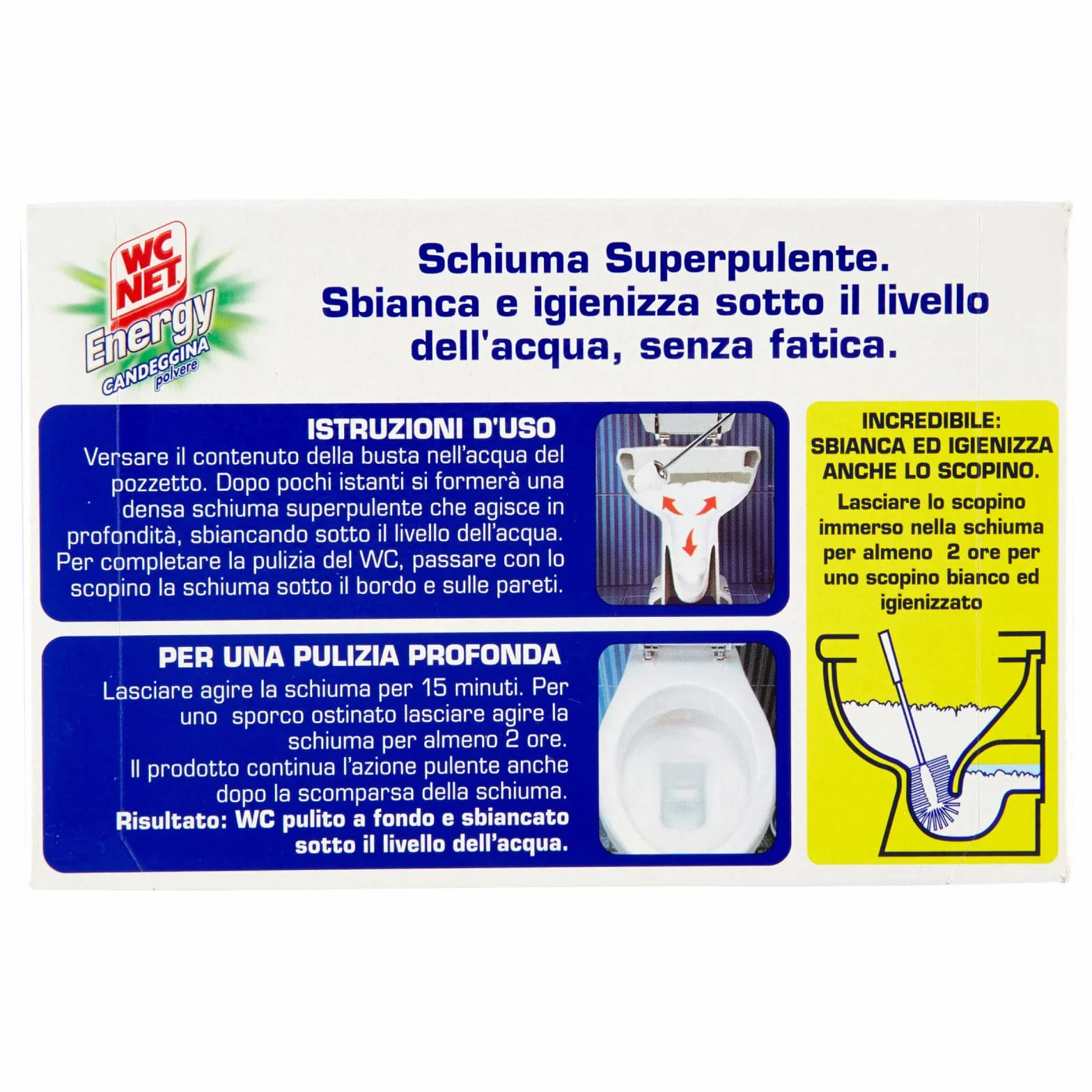 Wc Net - Energy con Candeggina, Detergente Igienizzante in Polvere per WC, Schiuma Autopulente con Azione Sbiancante, 4 Buste x 3 Confezioni
