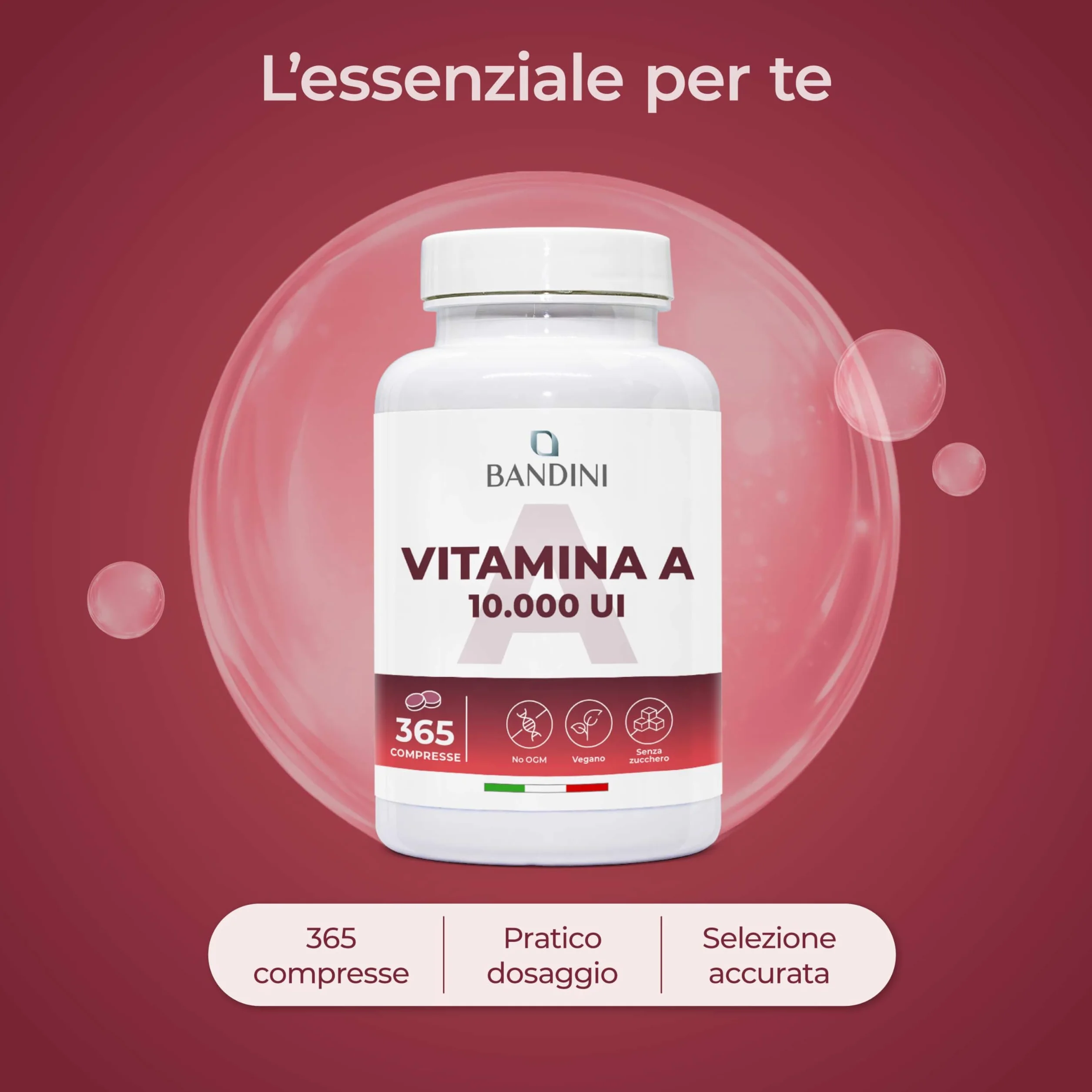 Bandini® Vitamina A Pura, 365 Microcompresse Vegane (1+ Anno di fornitura), Contribuisce al Mantenimento di Pelle e Vista Normali, Acetato di Retinile, Alternativa a Vitamina A Gocce, No OGM