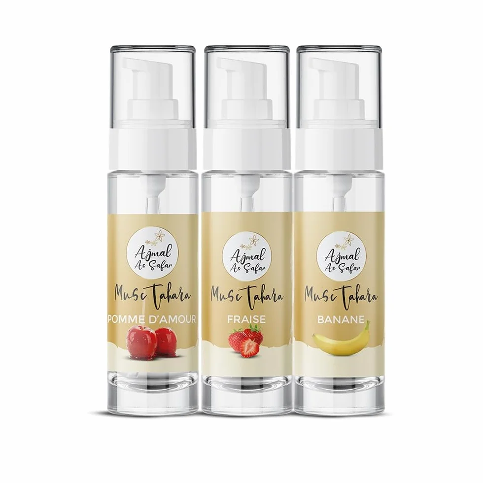 Musc Tahara Aromatized Pack Mela d'Amore Fragola Banana Ajmal As Safar® - Set di 3 muschio bianco intimo, 5 ml