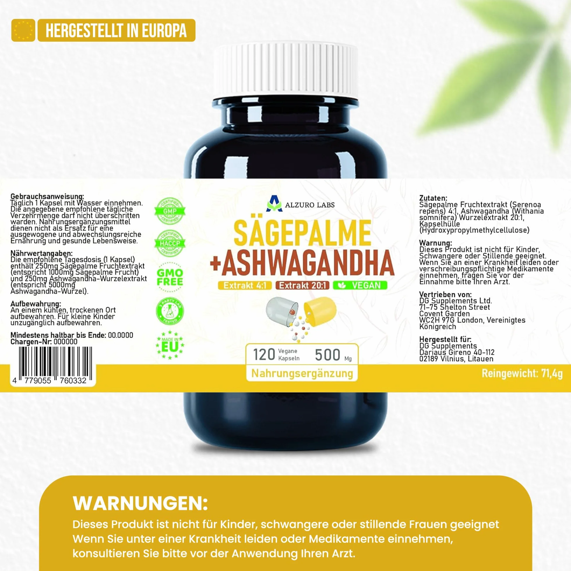 Saw Palmetto & Ashwagandha 500 mg 4:1 & 20:1 Extract 120 Veg Capsules Serenoa Repens GMP
