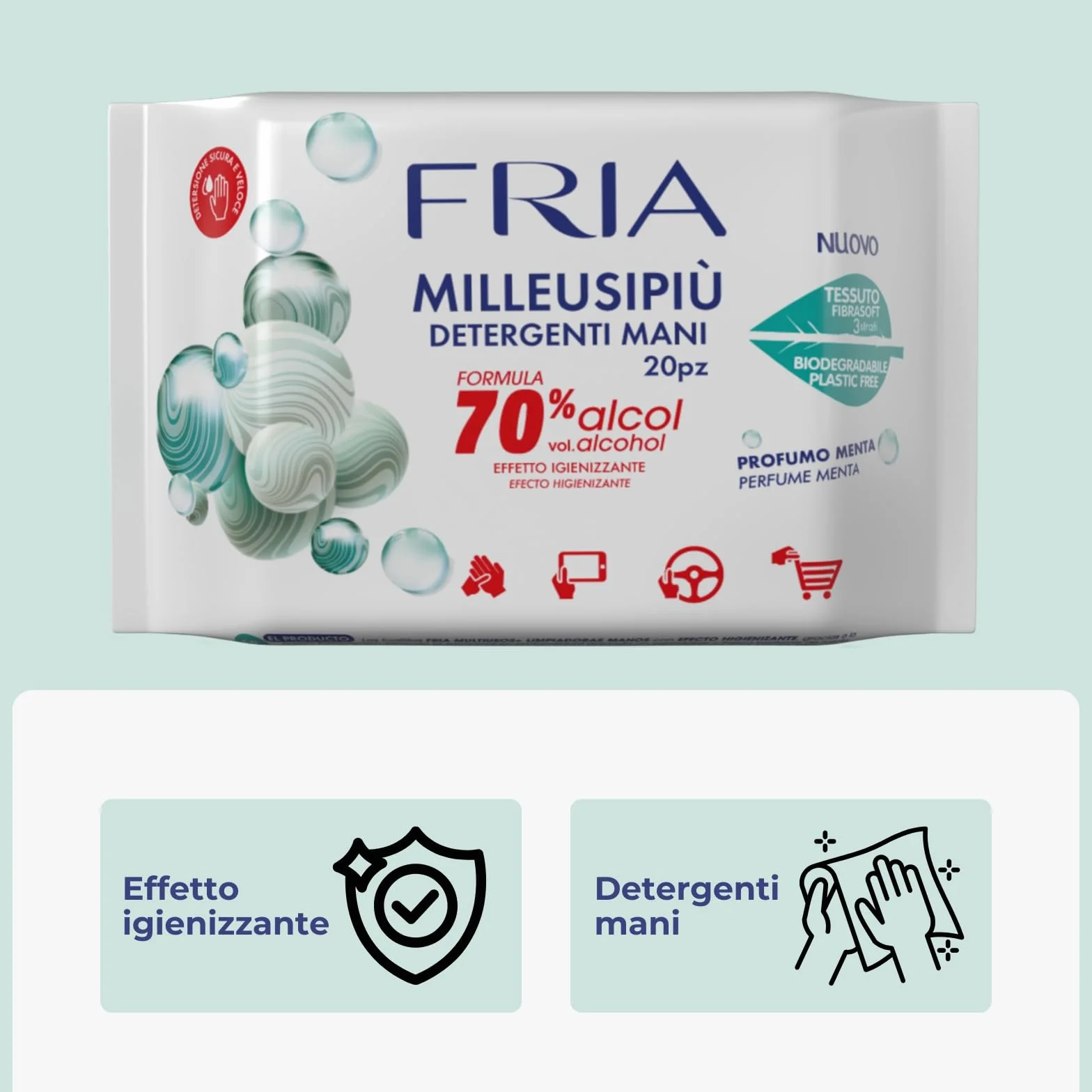 Fria MilleusiPiù Igienizzanti Salviette Detergenti 70% Alcol Tessuto Fibrasoft 3 Strati Biodegradabile 20 sztuk
