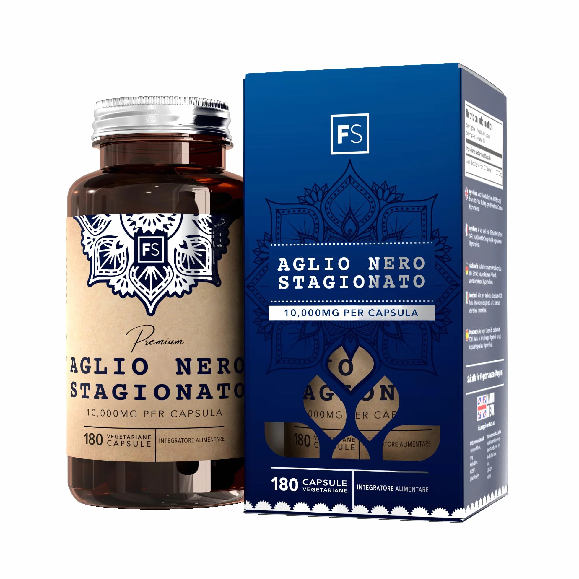 FS Aglio Nero Capsule | 180 Integratore Aglio Capsule ad Alta Potenza - 10.000mg Black Garlic Nero Fermentato per Capsula | Non-OGM, Senza Glutine e Allergeni | Prodotto nel RU