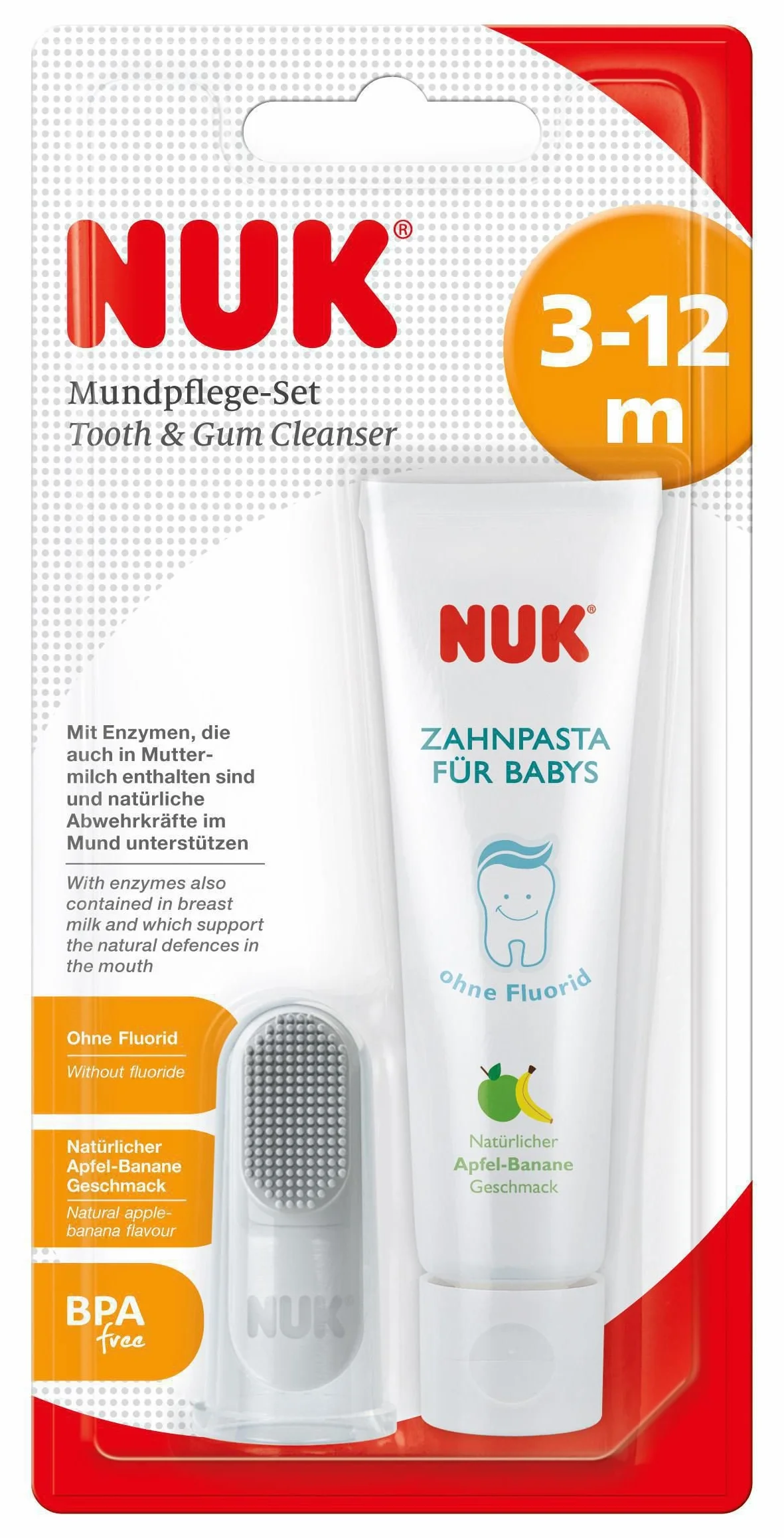 NUK 10256396 - Set per l'igiene orale dei bambini, composto da dentifricio all'aroma di mela-banana e spazzolino da dito, privo di BPA