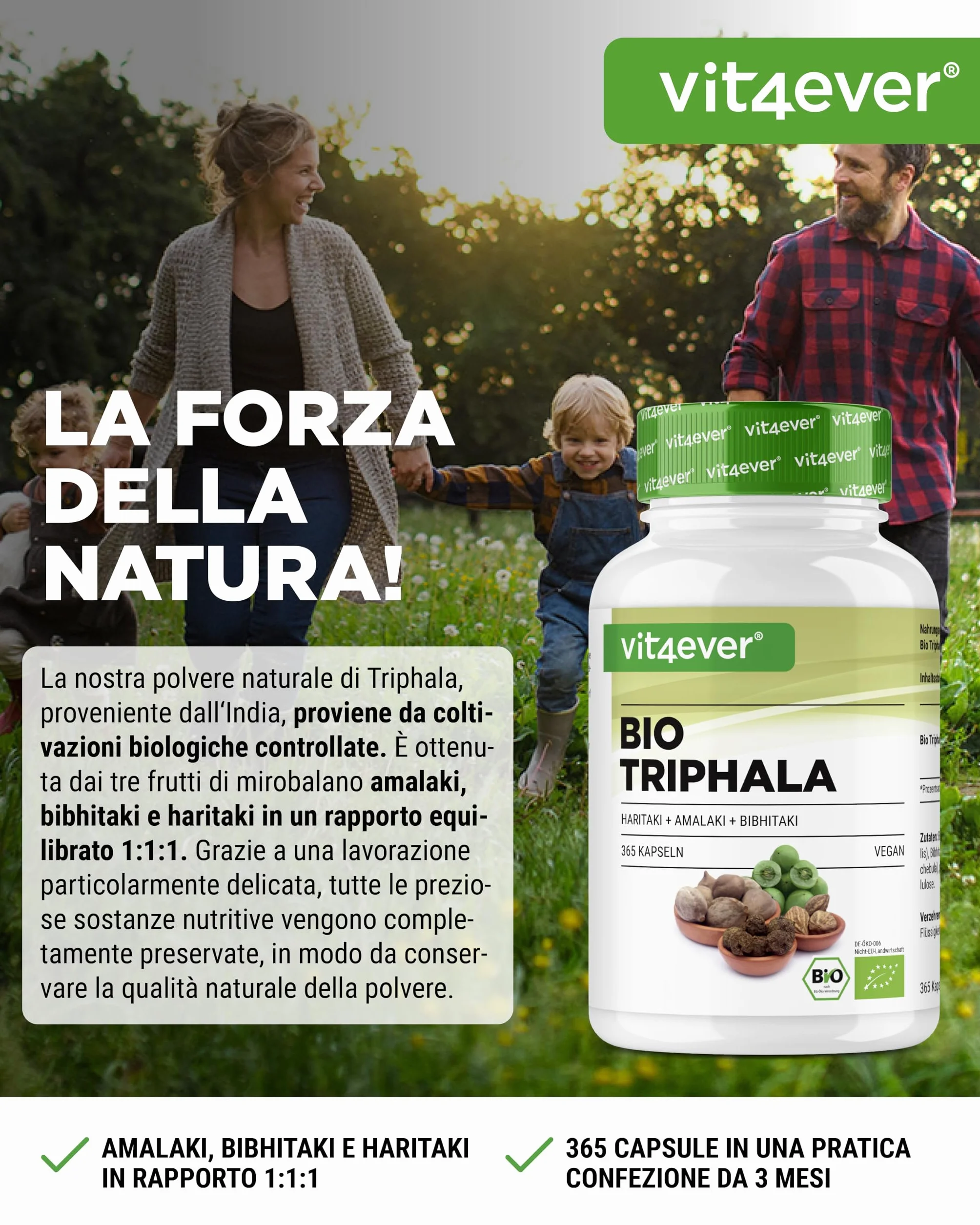 Triphala biologica - Alto dosaggio di 2000 mg (500 mg per capsula) - 365 capsule - Triphala in polvere dall'India: Haritaki, Amalaki, Bibhitaki - Senza additivi - Vegan