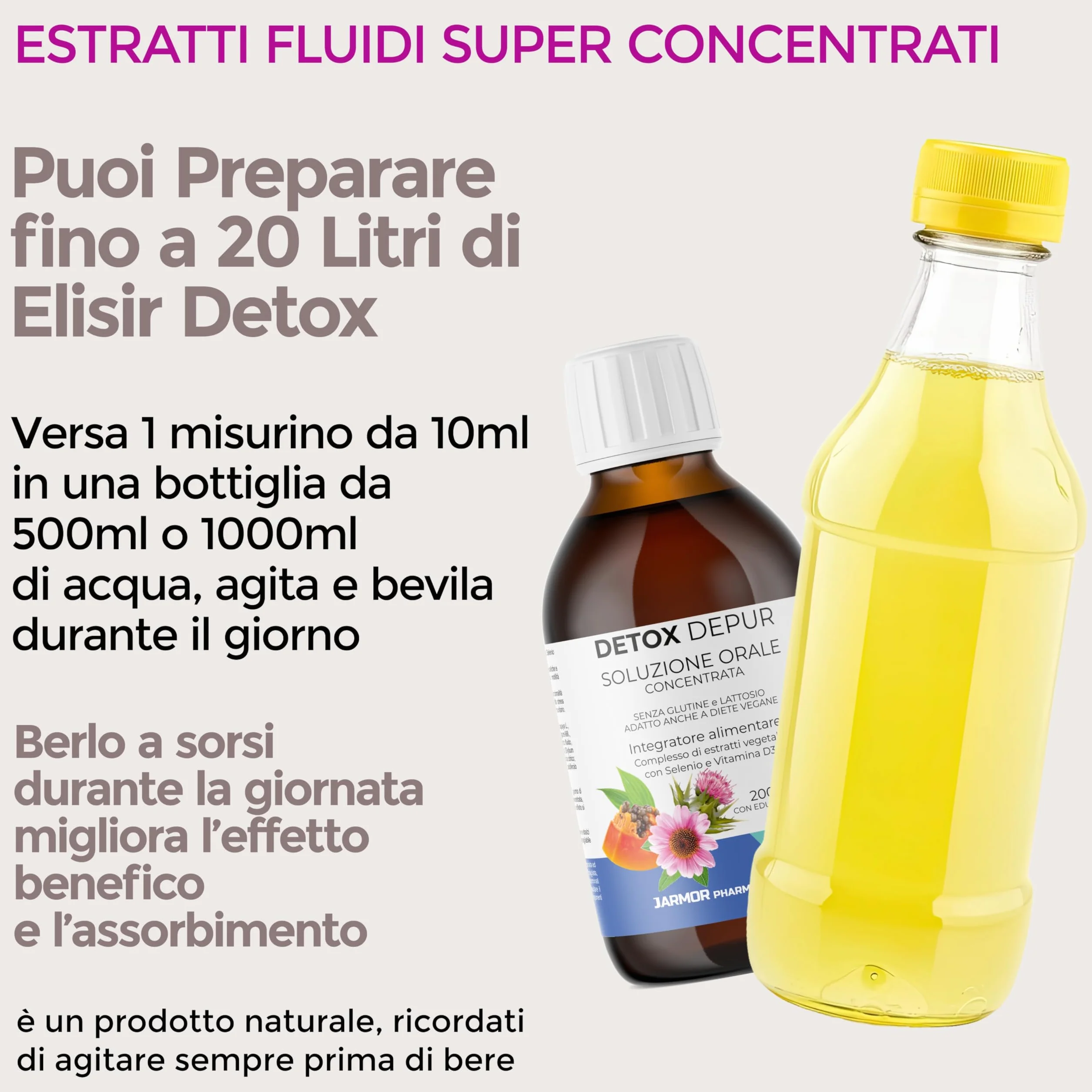 Detox Fegato e Intestino Depur Liquido 200 ml Drenante Naturale con Cardo Mariano Carciofo Finocchio Echinacea Papaia Selenio Vitamina D3