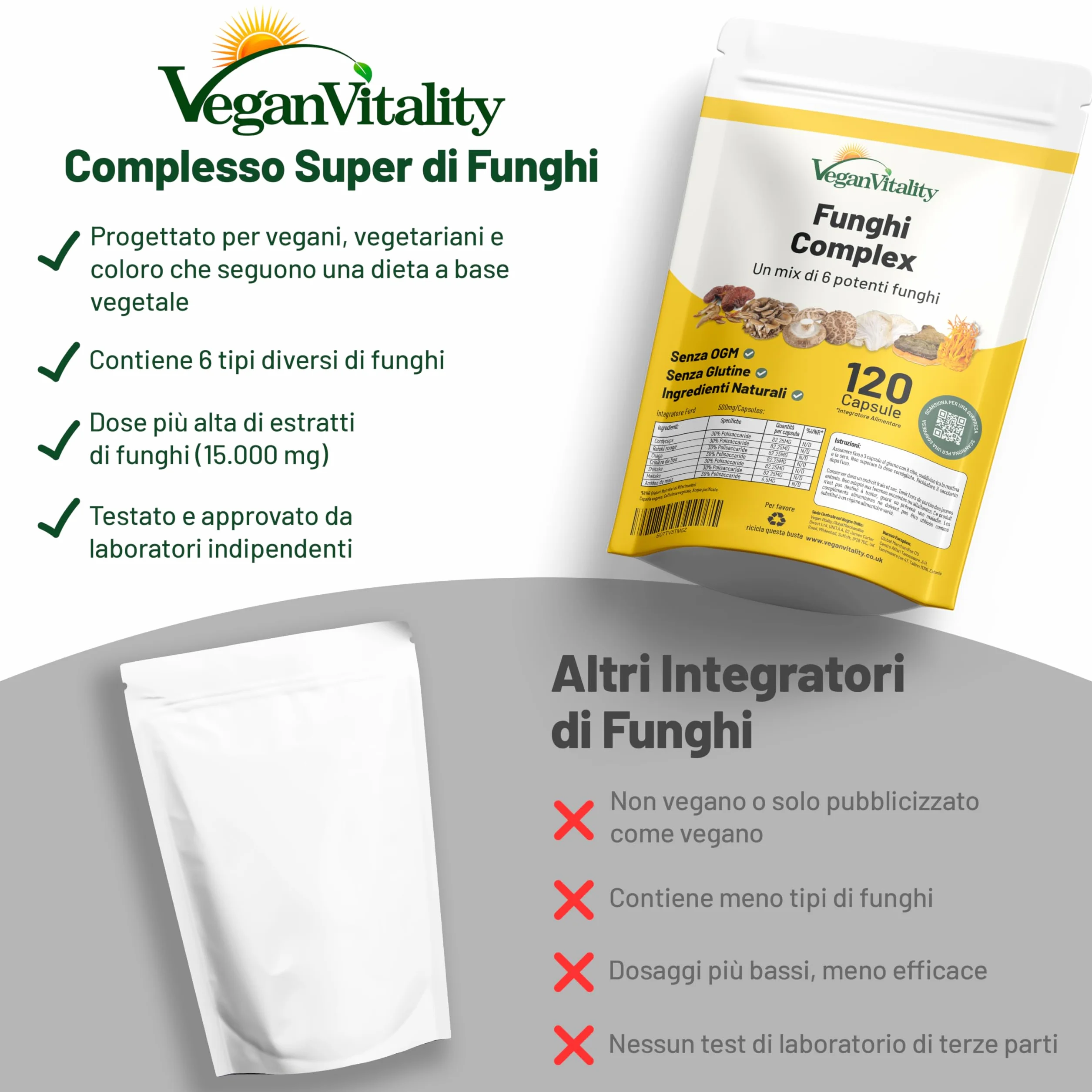 Vegan Vitality Integratore di 6 Funghi: Reishi, Lions Mane, Cordyceps, Chaga, Shiitake e Maitake - 120 Capsule da 500mg – Formula Concentrata