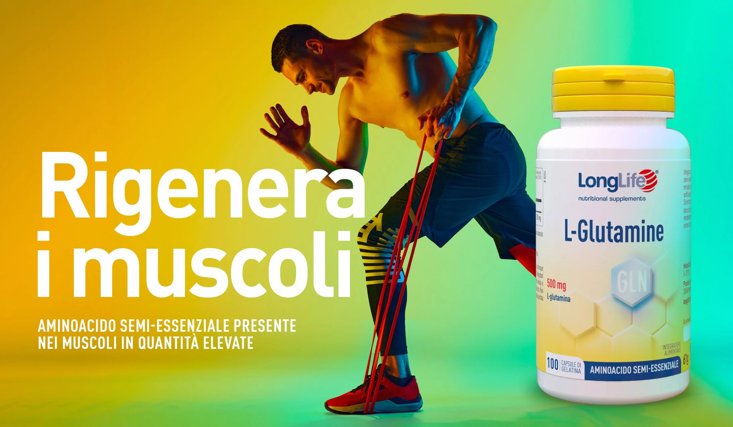 LongLife® L-Glutamine | 500 mg | Aminoacido semi-essenziale | Turnover proteico | Supporto muscolare | Alta purezza e qualità | 100 capsule di gelatina | Senza glutine e doping free