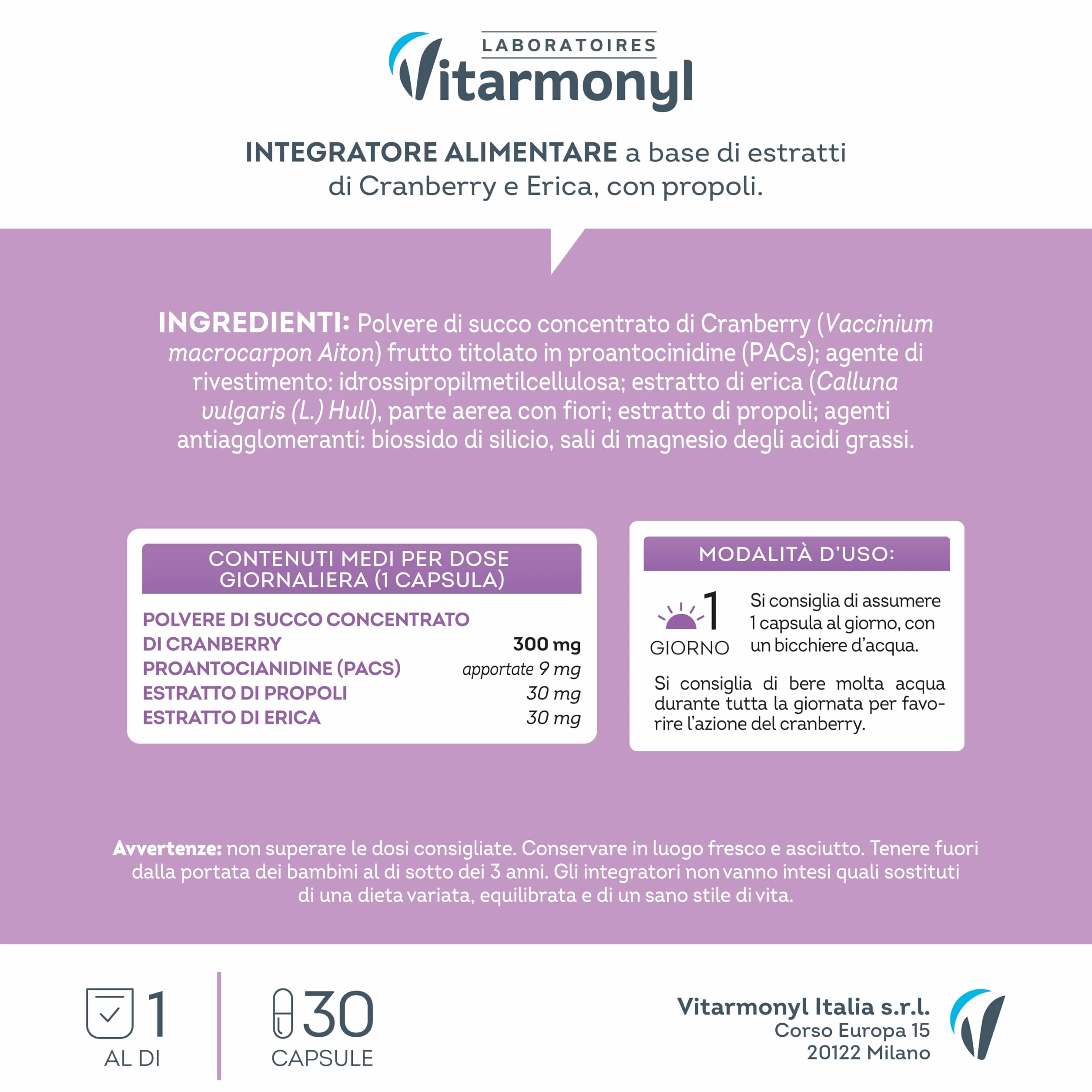 Vitarmonyl Nuova Formula Cranberry Integratore Vie Urinarie Alta Concentrazione 1 Capsula Mirtillo Rosso Erica Cistite 1 Mese