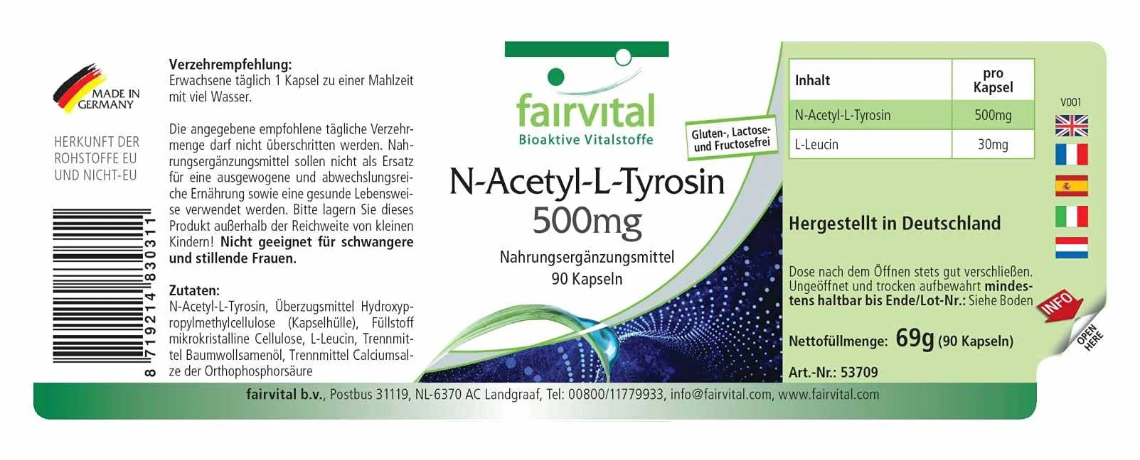 Fairvital N-acetil-L-tirosina, 90 capsule NALT, ad alto dosaggio, forma avanzata di L-tirosina