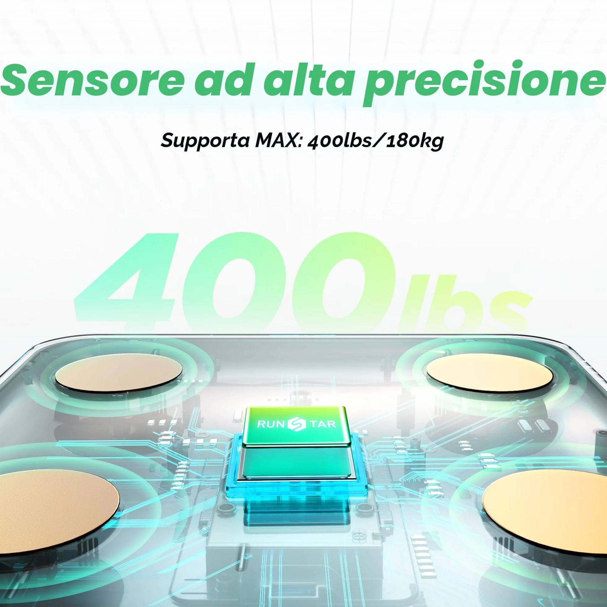 RunStar Bilancia Pesapesone Smart 8in1 Display VA, Alta Precisione Peso Corporeo BMI Grasso Corporeo 22 Dati Composizione Corporea Sync App