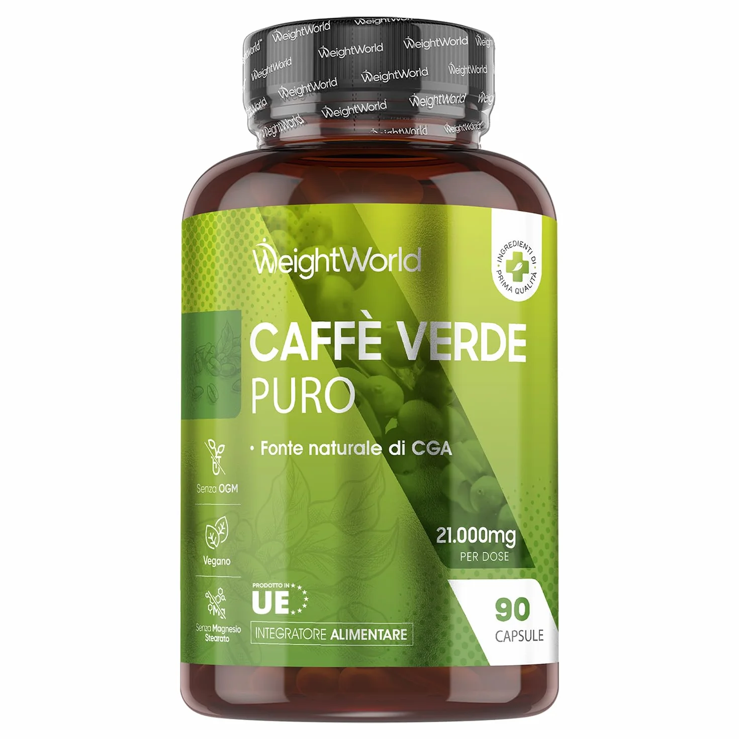 Caffè Verde Puro Vegano 21.000mg Estratto 50:1 CGA 90 Capsule Coffea Arabica Green Coffee Beans Bez OGM Prodotto Europa