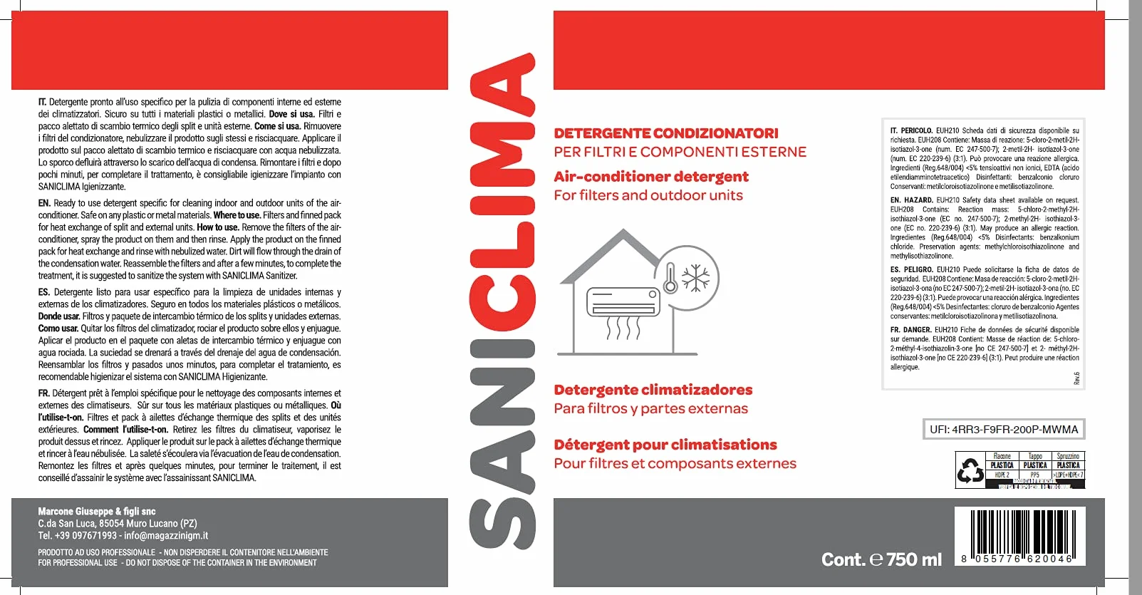 SANICLIMA Detergente Spray 750ml per Componenti Filtri Unità Esterne Climatizzatori