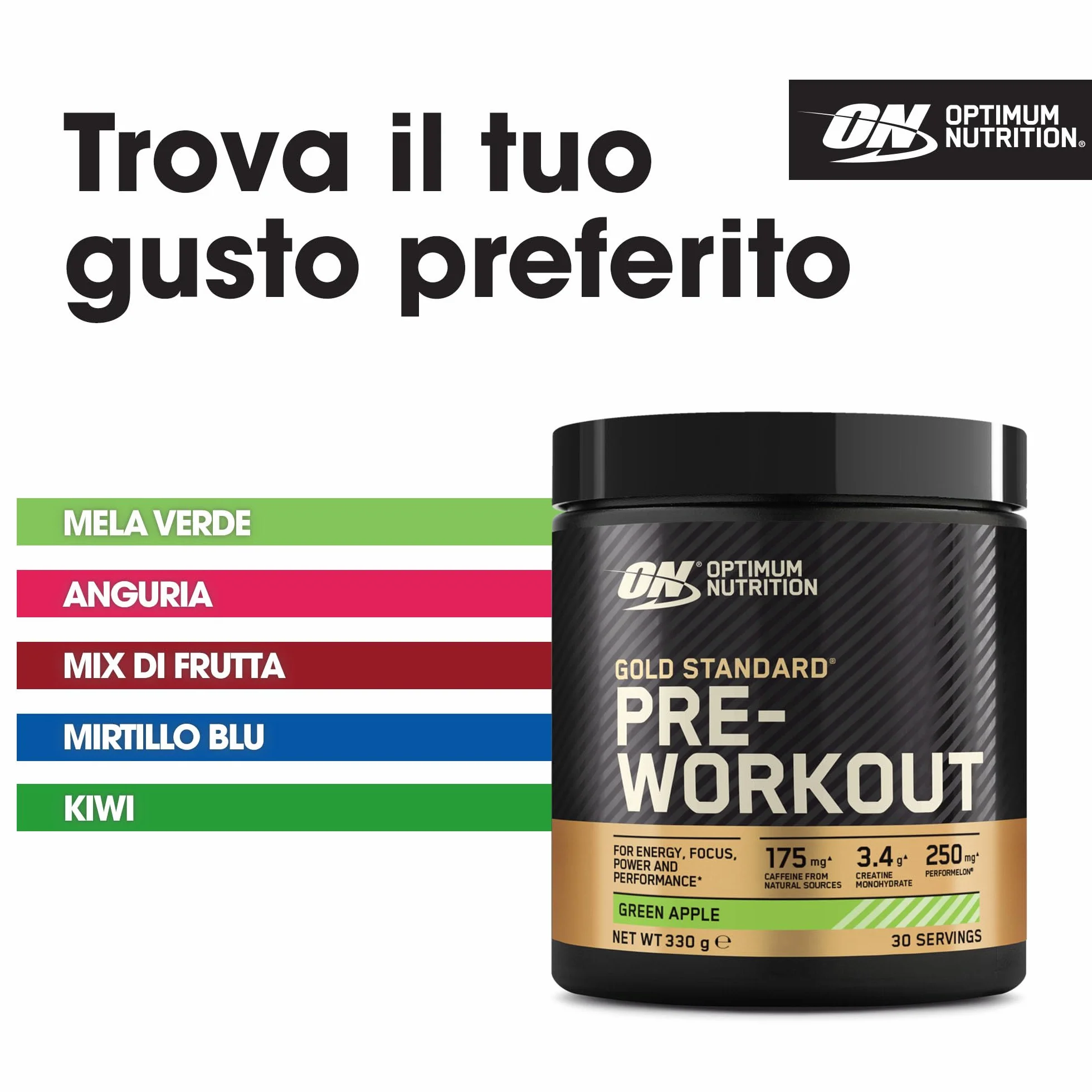 Optimum Nutrition Gold Standard Pre-Workout in Polvere, Gusto Mela Verde, 330g, 30 Porzioni