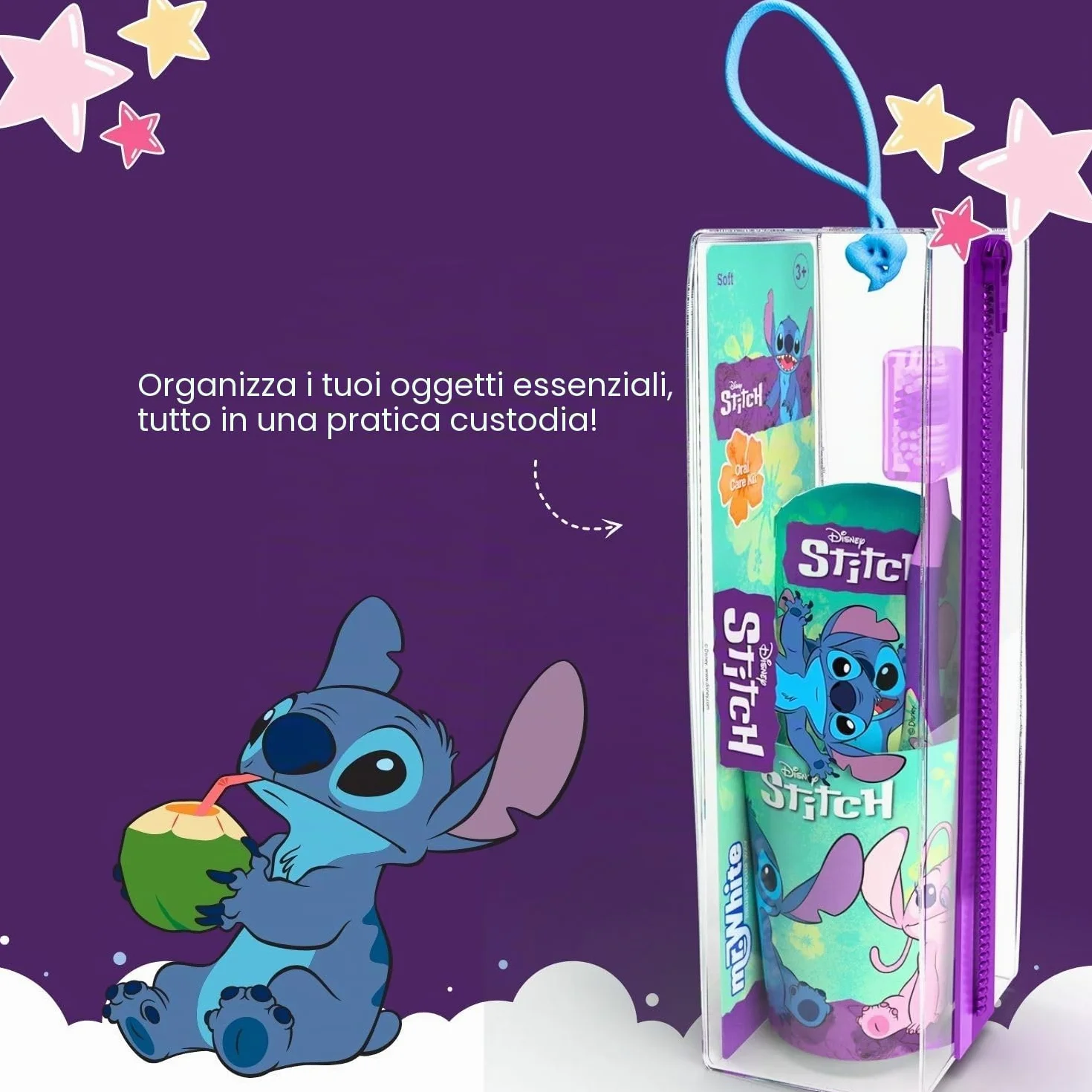 Disney Stitch - Set di spazzolini da denti per bambini, con setole morbide, ventosa e tappo protettivo, dentifricio alla menta e bicchiere multiuso, kit per l'igiene orale da viaggio per bambini dai 3