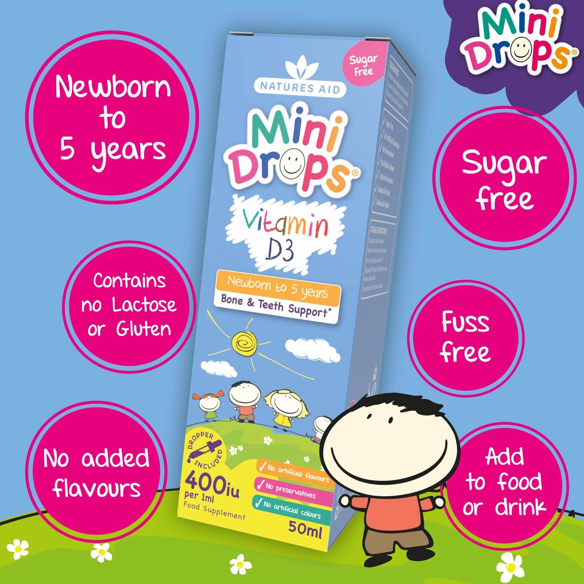 Natures Aid Mini Drops Vitamina D3 50ml per Neonati e Bambini, Supporto per Ossa, Denti e Sistema Immunitario, Senza Zucchero, Vegano, Senza Glutine, Sostegno alla Crescita per Bambini da 0 a 5 Anni