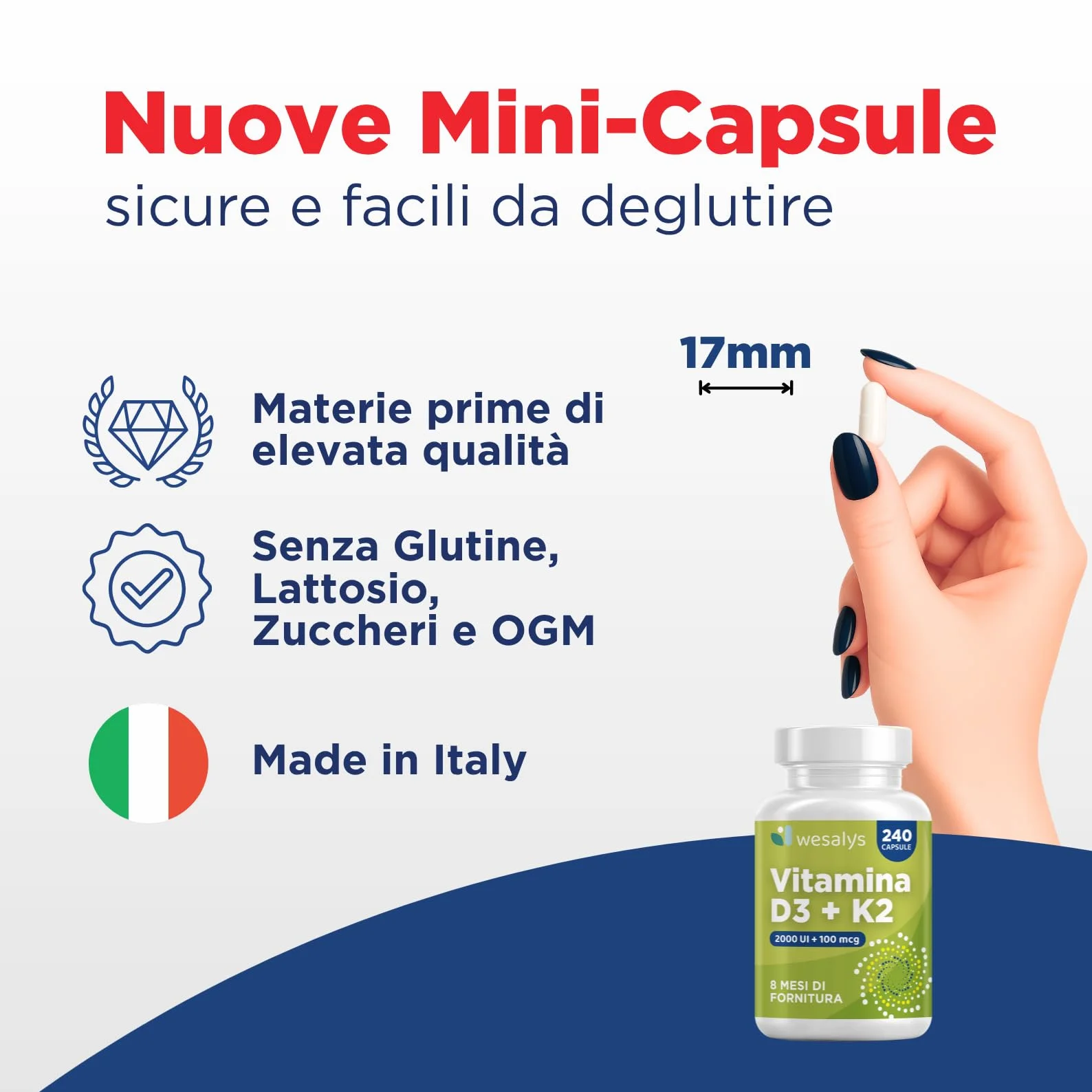 Vitamina D3 K2 240 Capsule (8 Mesi), Vitamin D3 2000 UI + 100 µg Vitamina K Menachinone. La Vitamina K Contribuisce al Mantenimento di Ossa Normali (EFSA). Vit Wesalys