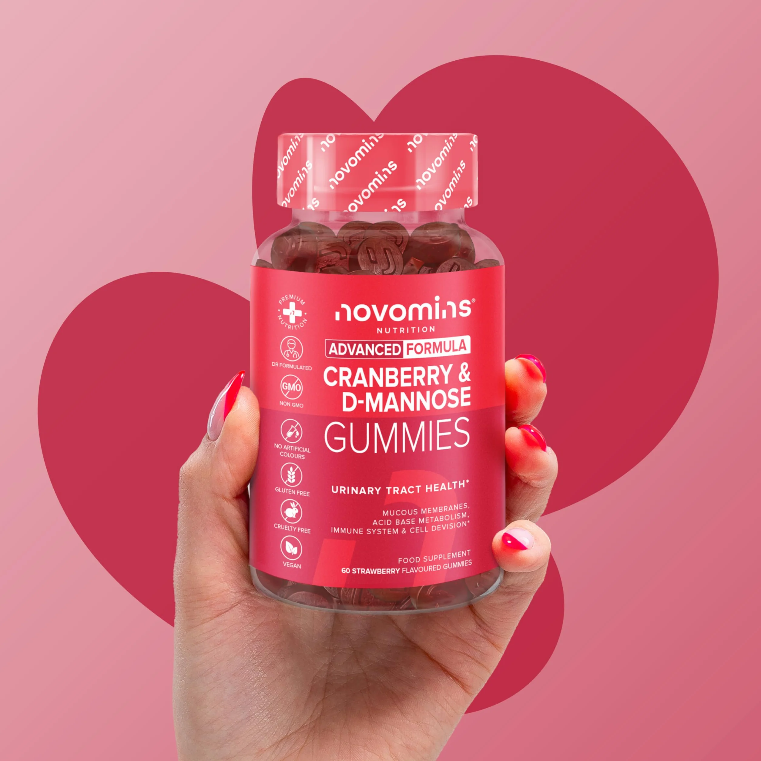 Mirtillo Rosso e D-Mannosio Gommose – 600 mg Mirtillo + 400 mg D-Mannosio – con Zinco e Biotina – Vegan, Senza Glutine – 60 Gommose Gusto Fragola – Novomins