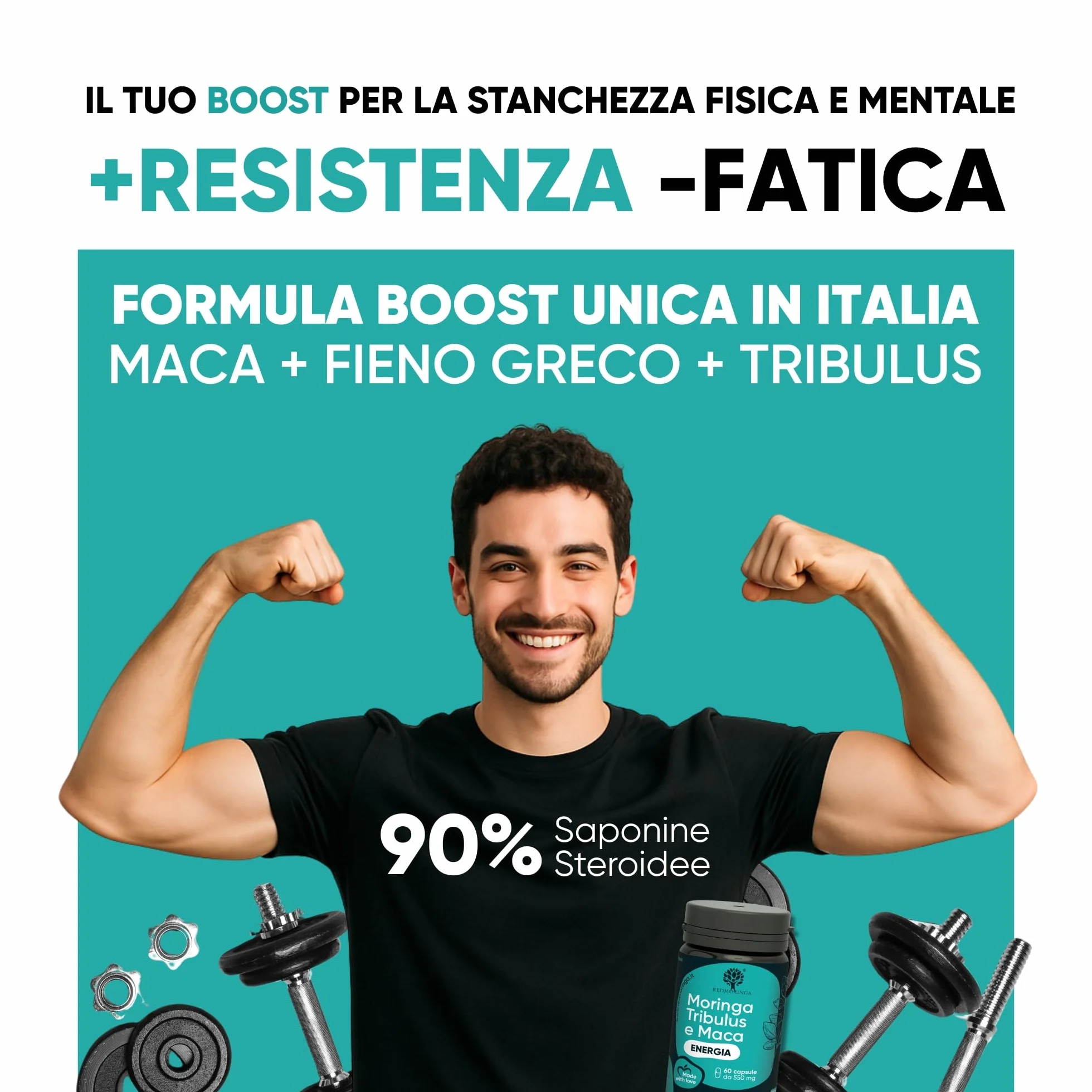 Tribulus Terrestris 90% Saponine Maca Fieno Greco Integratore Energia Booster Moringa BIO Massa Muscolare 60 Capsule RedMoringa®