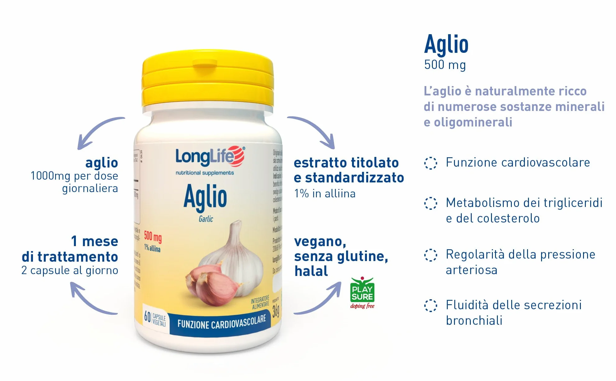LongLife® Aglio | Estratto vegetale titolato all'1% in alliina | 1000mg dose giornaliera | Funzione cardiovascolare, pressione arteriosa, trigliceridi | 1 mese di trattamento | Senza glutine e vegano