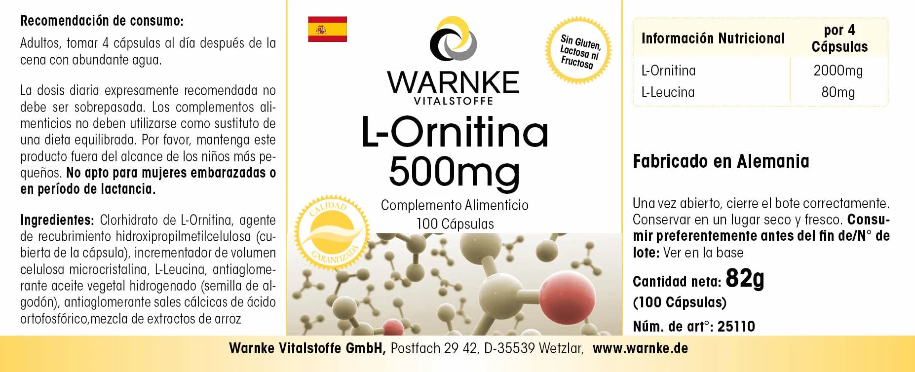 Warnke Vitalstoffe L Ornitina 500mg 100 Capsule Vegan