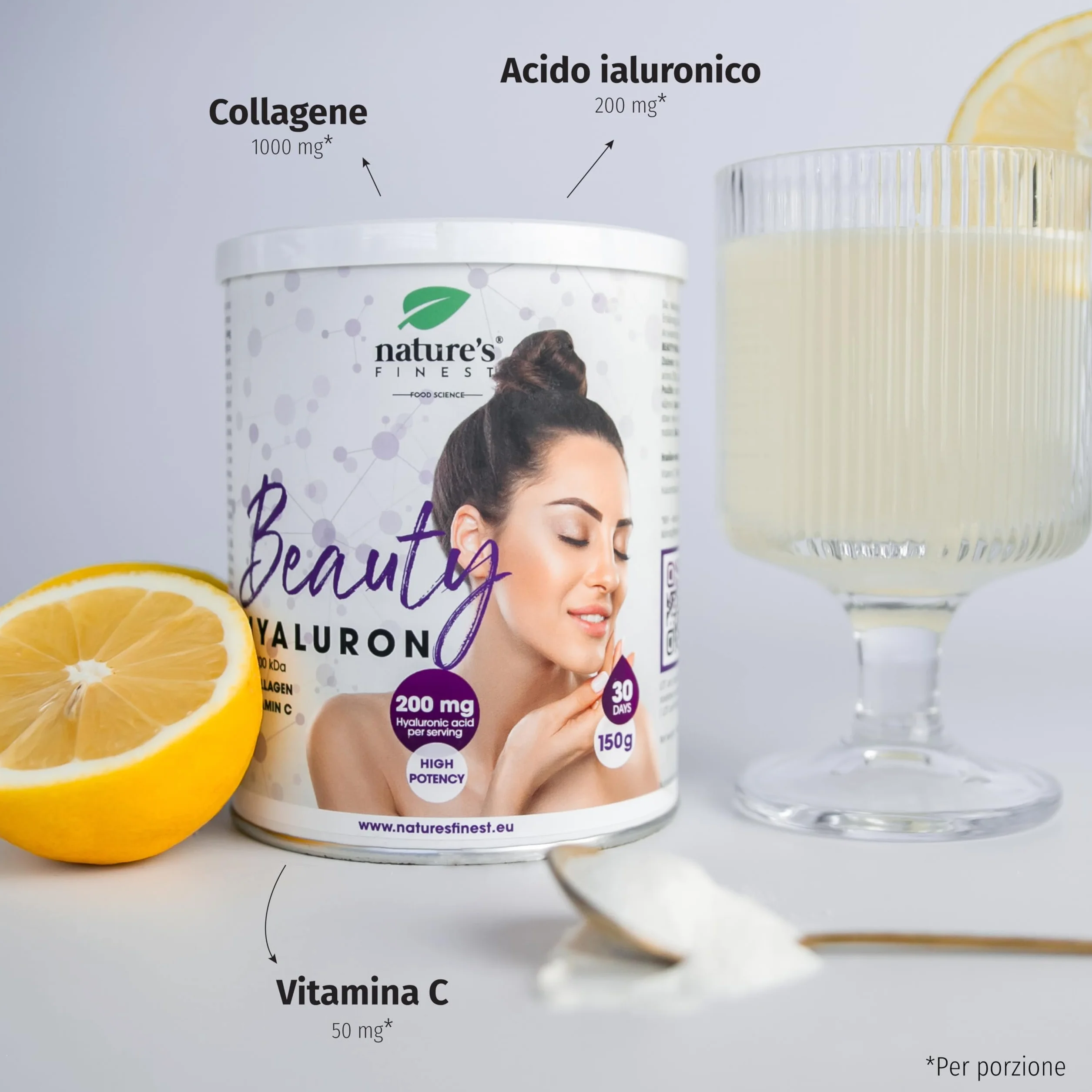 Nature's Finest Beauty Hyaluron Collagene con Acido Ialuronico 200mg per Dose e Vitamina C, Integratori per Pelle, Capelli e Unghie