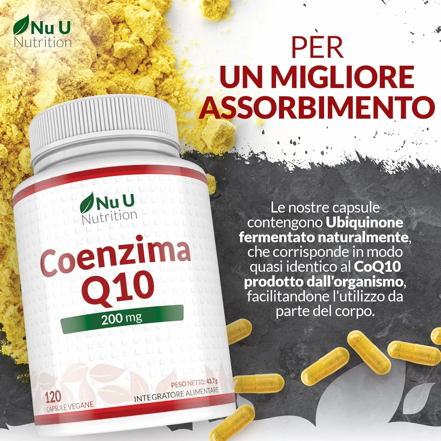 Coenzima Q10 200mg - 120 Capsule Vegane - 2 Mesi di Durata - 100mg di CoQ10 per Capsula - 100% Ubiquinone Puro Fermentato Naturalmente - Prodotto in Europa - Nu U Nutrition