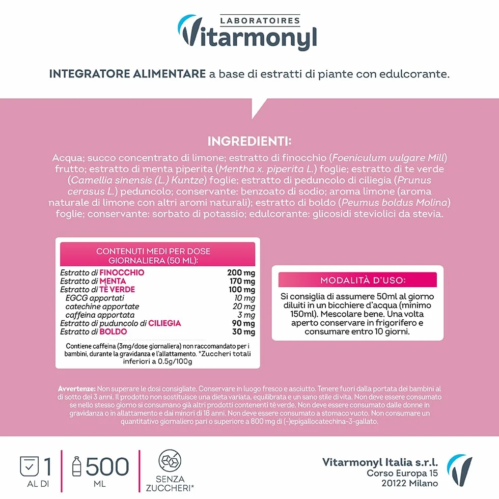 Vitarmonyl Ventre Piatto Drenante Detox 500 ML Thè Verde Finocchio Gusto Limone
