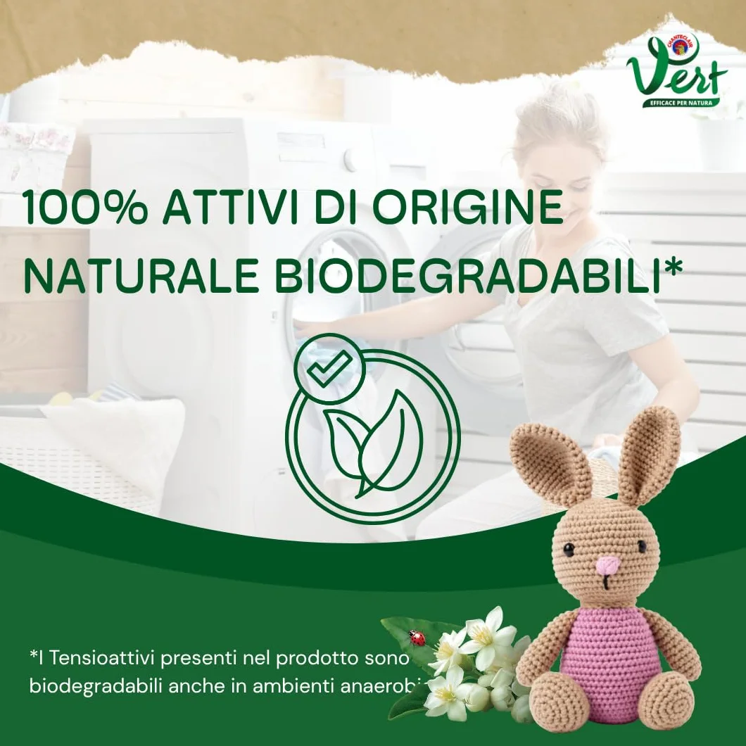 Vert - Ecodetergente Lavatrice Bebè - Fragranza Latte d'Avena, 100% Origine Naturale, Superefficace anche sulle Macchie del Bebé, Ipoallergenico, per Pelli Sensibili - Flacone da 1200 ml, 30 Lavaggi