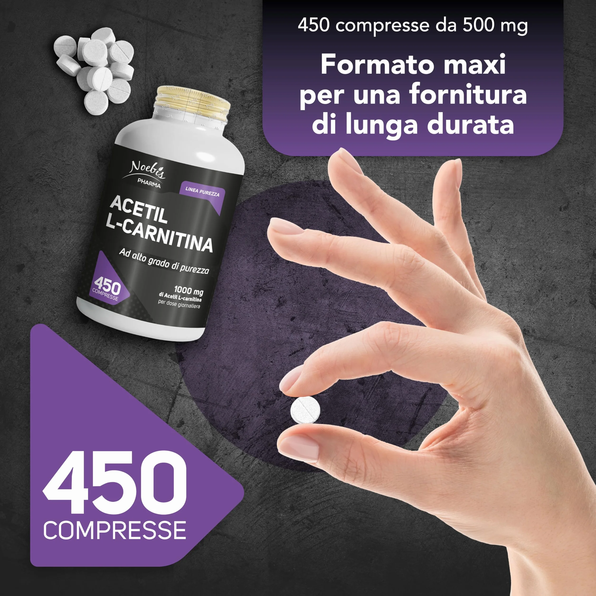 Acetil L-Carnitina Noebis Pharma - 1000 mg per Dose Giornaliera - 450 Compresse - Energia e Vitalità - Maxi Formato