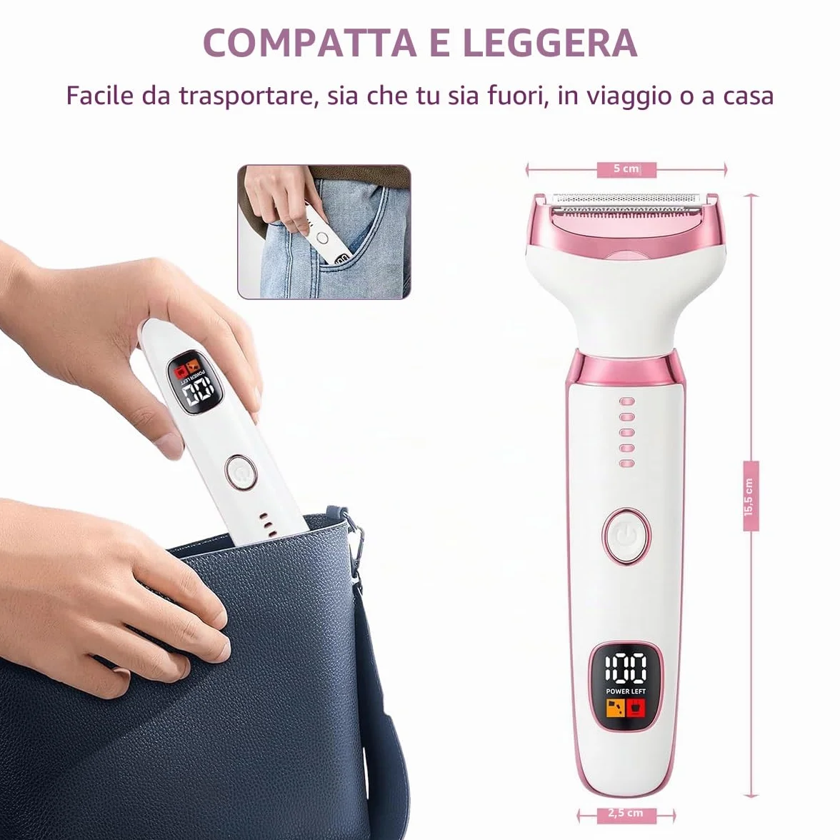 Rasoio Elettrico Donna, 5 in 1 Epilatore Viso Elettrico, Rasoio Parti Intime Donna, indolore Depilatore Elettrico Portatile per Corpo, Le Ascelle,La Linea Del Bikini,Le Sopracciglia e Il Peli Naso