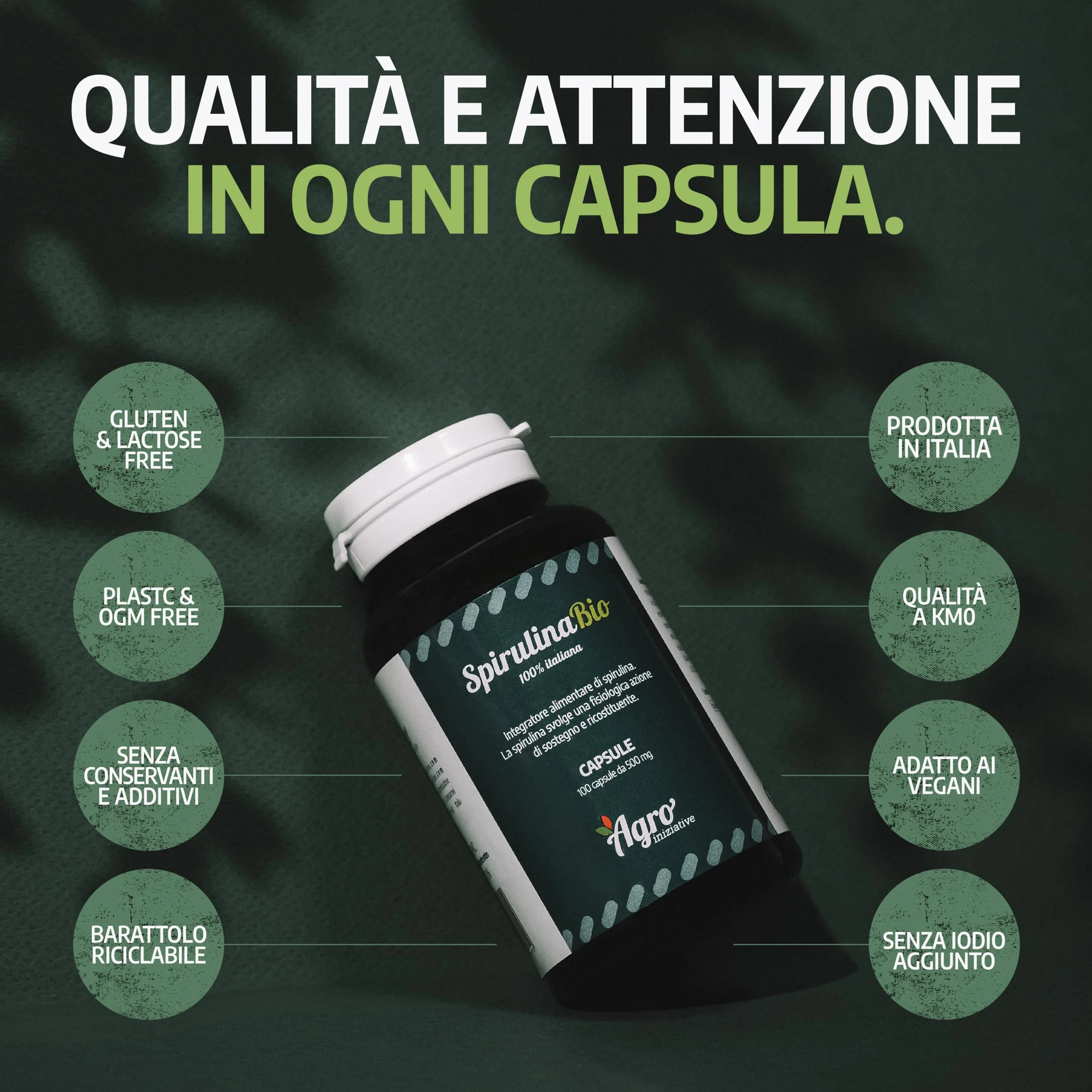 AGROINIZIATIVE SPIRULINA BIO 100 Cps Integratore Spirulina Pura 500 Mg Senza Glutine