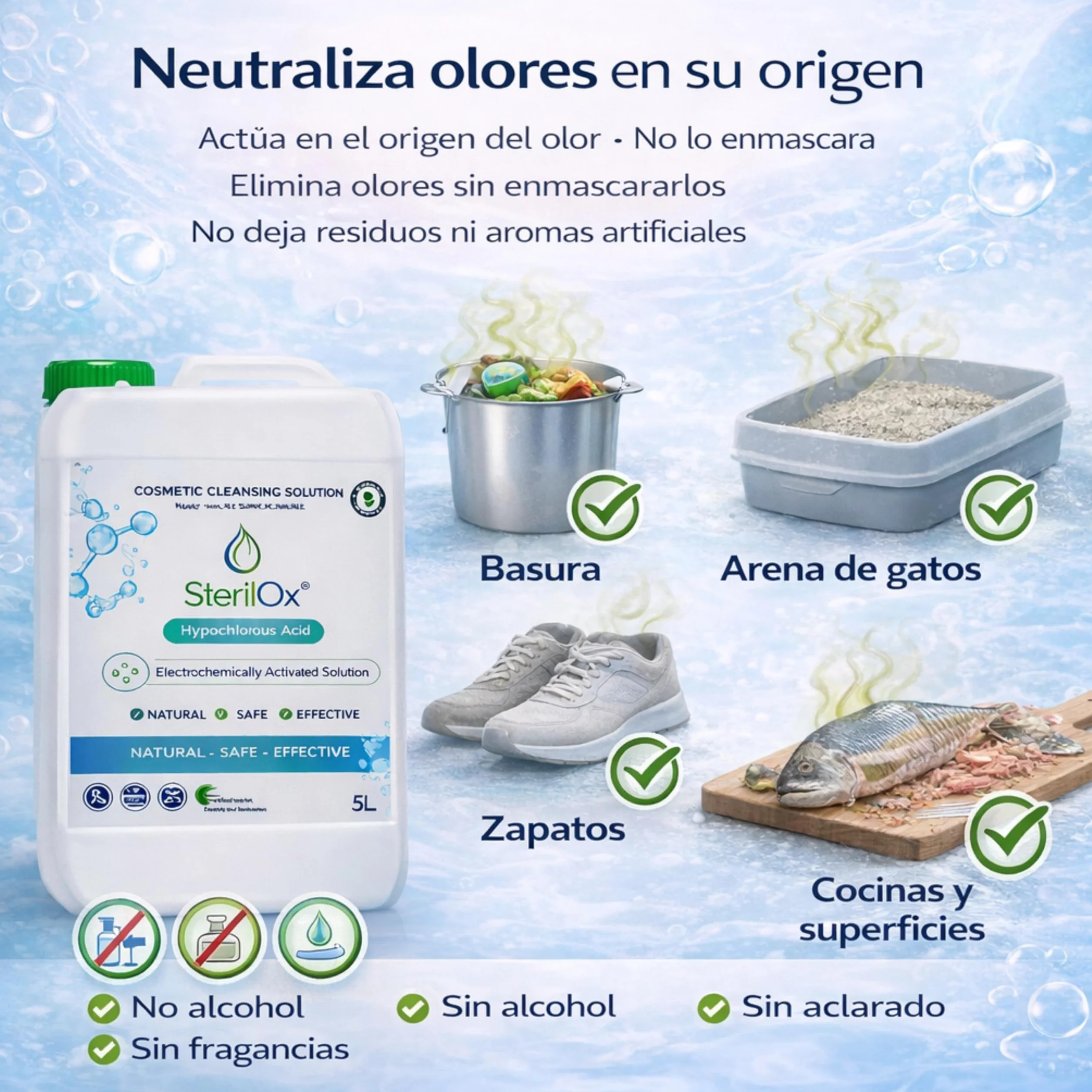 Soluzione Cosmetica con Acido Ipocloroso 5L Senza Alcol e Profumo Cura della Pelle Oggetti Superfici HoReCa