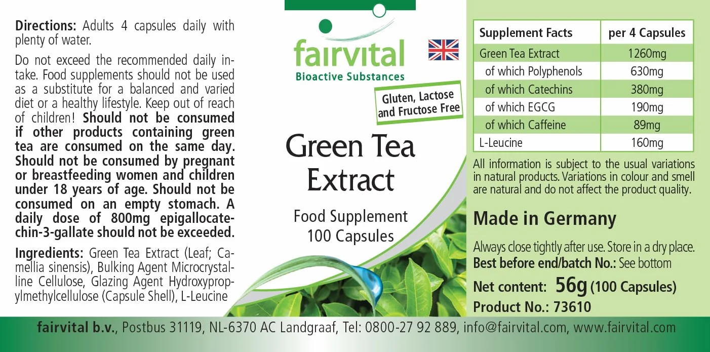 fairvital Estratto di tè verde, 100 capsule, facili da deglutire, polifenoli, catechine, EGCG e caffeina, ALTO DOSAGGIO, VEGANO, Camellia sinensis