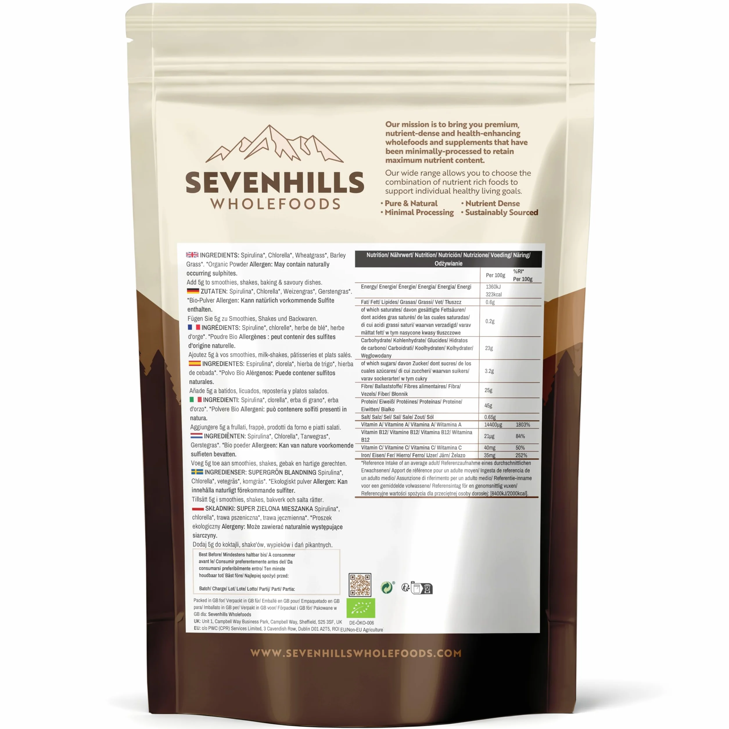 Sevenhills Wholefoods Miscela Super Greens Biologica Spirulina Clorella Erba Grano Orzo 400g Polvere Superalimenti Verdi