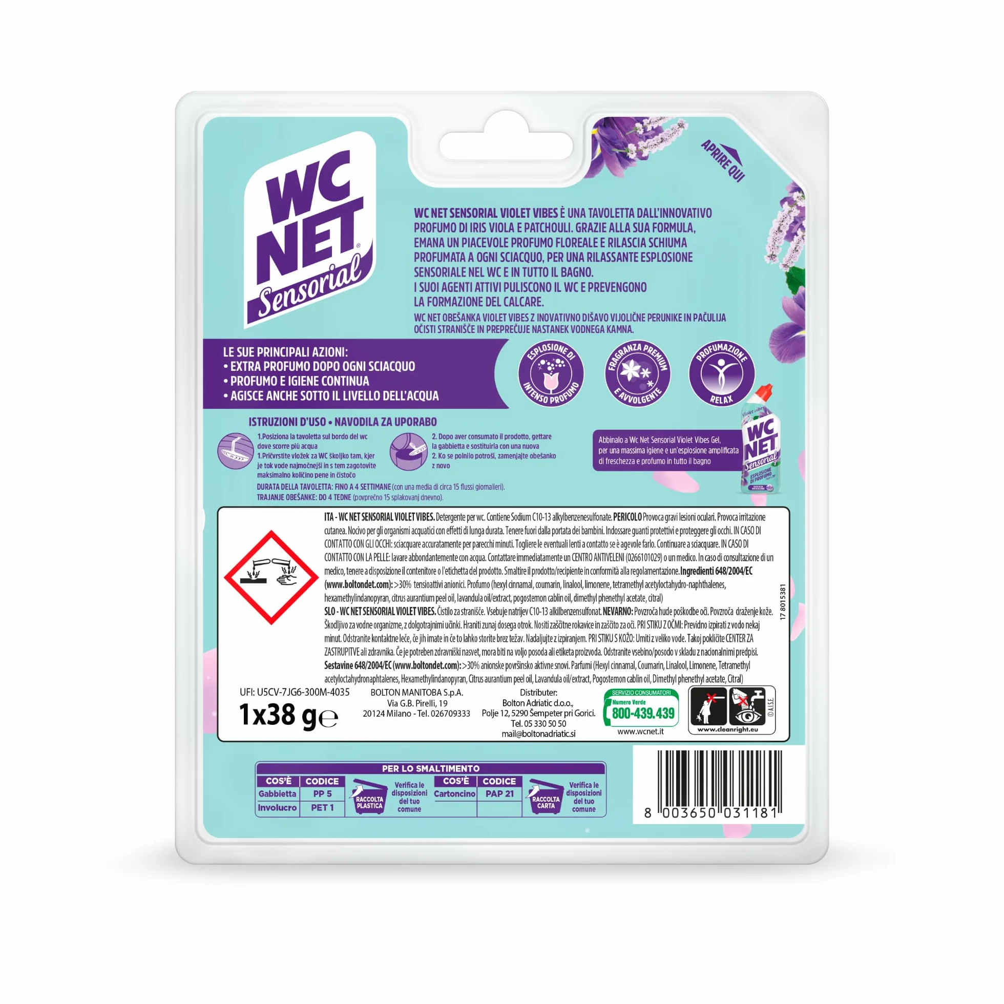 Wc Net - Tavoletta Sensorial Violet Vibes, Detergente Igienizzante Solido per WC, Esplosione di Profumo Iris e Patchouli, Azione Anticalcare e Pulito