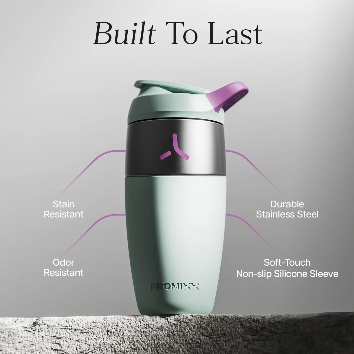 Promixx Pursuit Shaker Acciaio Inossidabile - 760ml Miscelatore Proteico Metallo Leggero con Snap-Fit per Frullati Lisci - Ermetico Anti-Odori per Fitness - Verde Alga