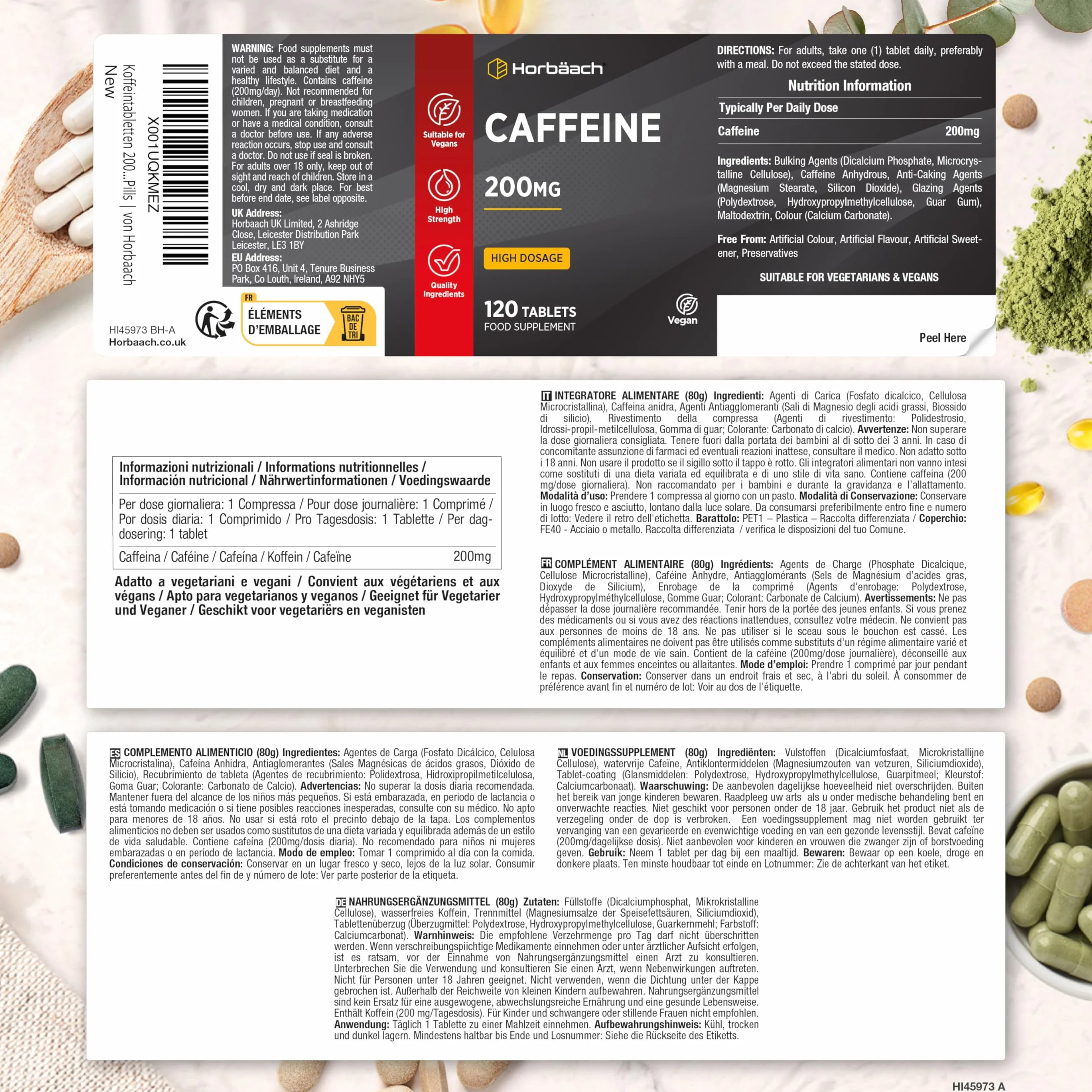 Horbaach Caffeina Integratore 200 mg 120 Compresse Vegane