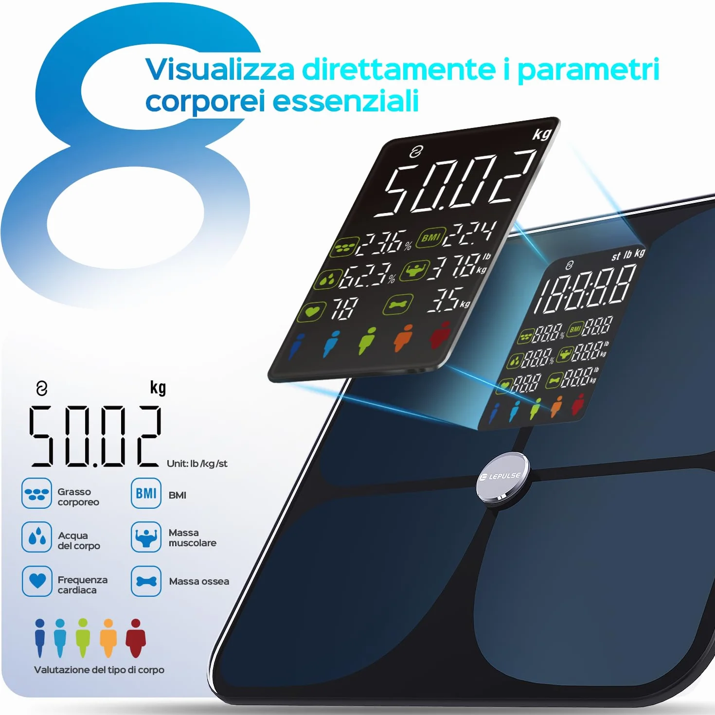 Bilancia Pesapersone Digitale Bluetooth App, Professionale Smart Impedenziometrica, Grasso Corporeo Massa Magra BMI 22 Indici, Elettronica Nero 4AAA