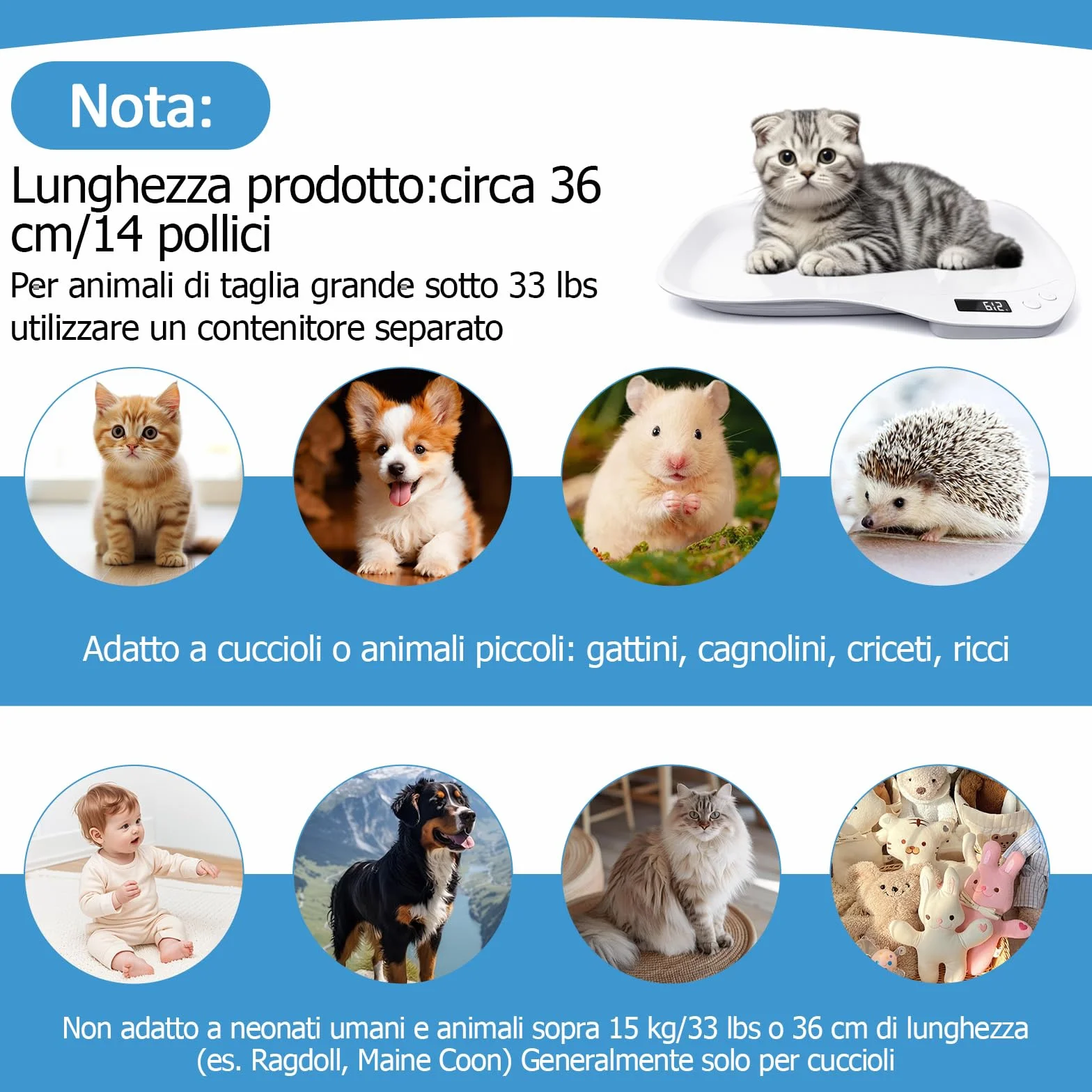 Bilancia Neonato Digitale per Cuccioli Cani 15 Kg LCD Quattro Modalità Pesatura Piccoli Animali 36x25,5 cm