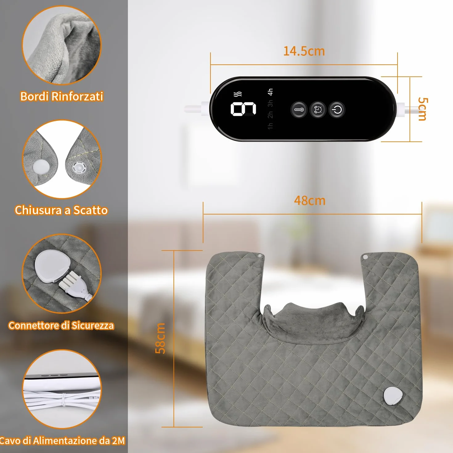 Onherm Termoforo Cervicale e Spalle 48×58cm, Cuscino Termico Elettrico per Collo e Spalle con Spegnimento Automatico, 9 Livelli di Temperatura e Timer 1-4 Ore, Flanella, Lavabile in Lavatrice
