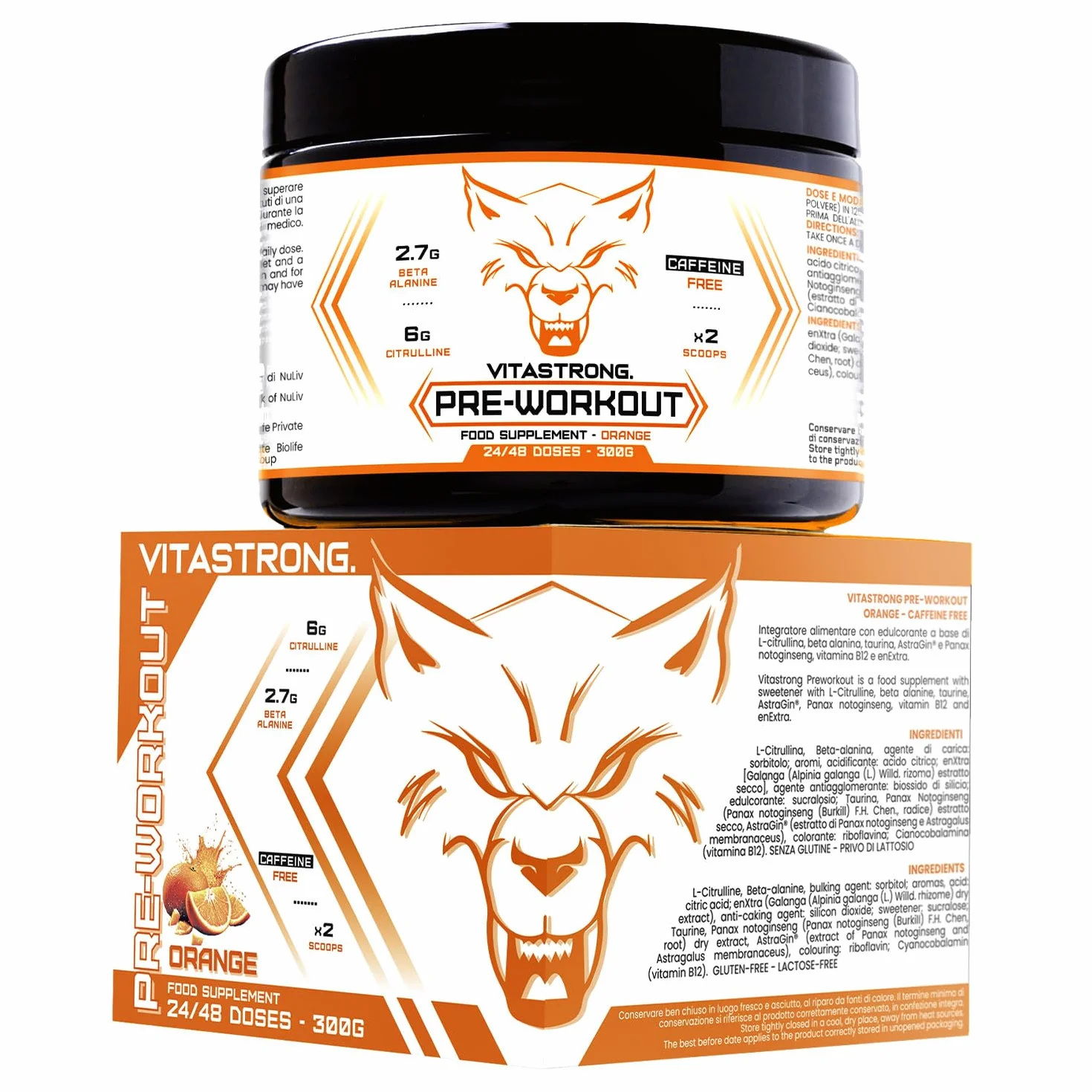Pre Workout Potente 300g, con Vitamina B12, L Citrullina, Beta Alanina,Taurina, AstraGin, Vitastrong Pre Workout Made in Italy (24 Porzioni (Confezione da 1),Orange - No Caffeine)