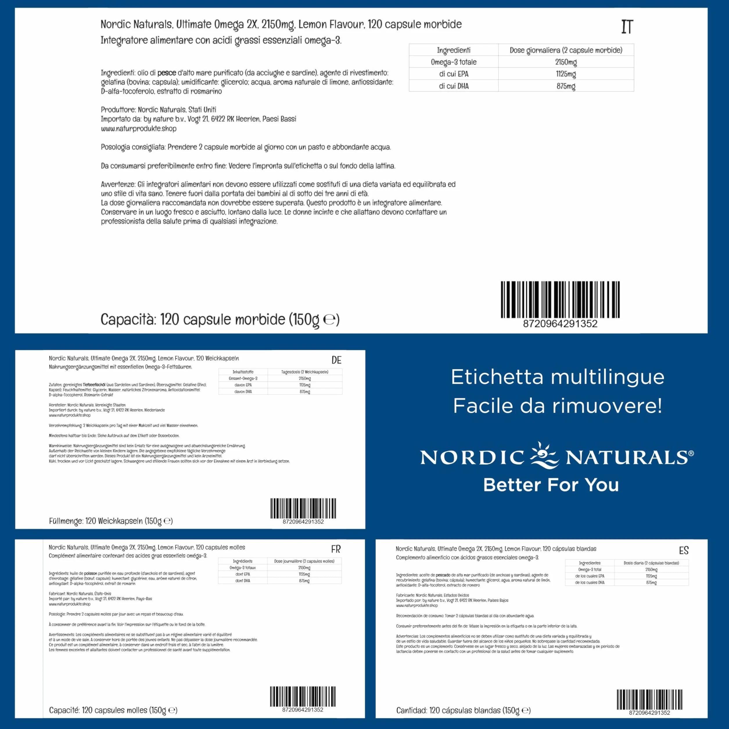 Nordic Naturals Ultimate Omega 3 2X, integratori di olio di pesce 2150 mg Omega-3 EPA DHA, 120 softgel, gusto limone, senza soia e glutine