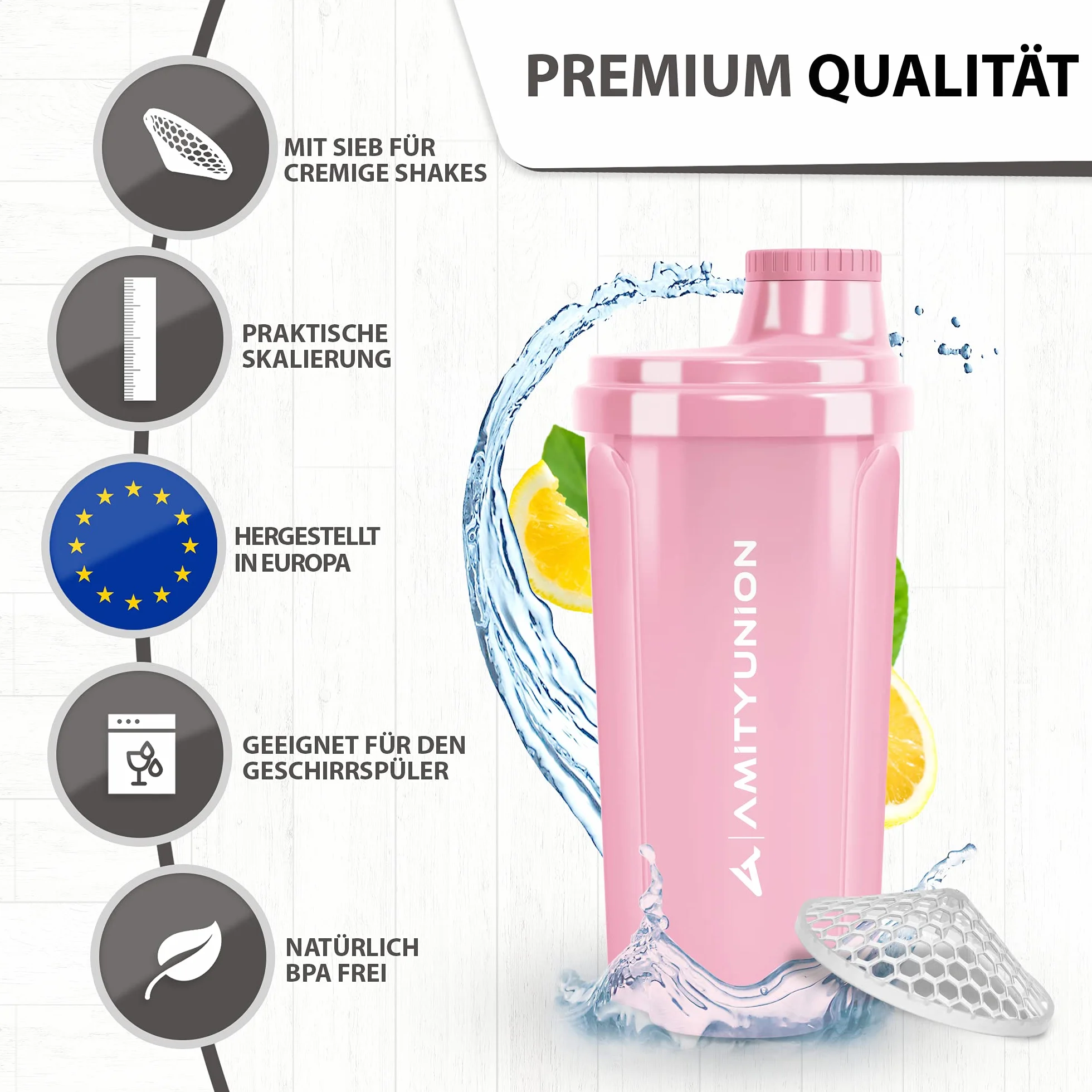 AMITYUNION Shaker per proteine 500 ml Heaven a prova di perdite, senza BPA con setaccio cliccabile e scala per frullati cremosi di siero di latte, shaker per proteine, originale in Rosa corallo